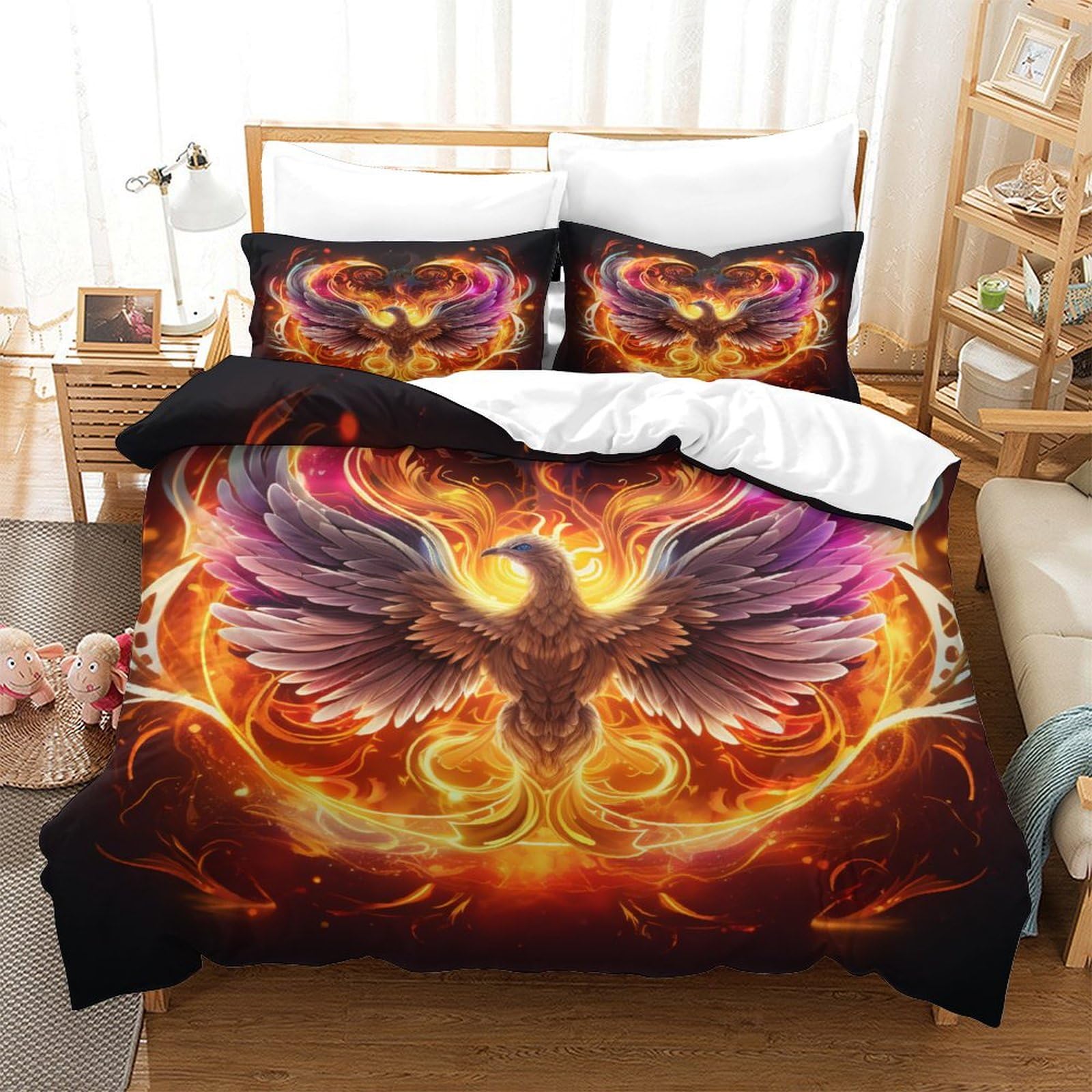 Housse de couette 140 x 200 parure de lit 3 pièces imprimée Phoenix pour lit 1 place