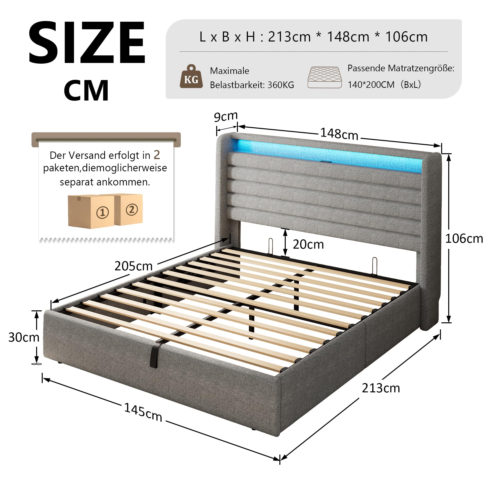 FEONASE Cama de 140 x 200 cm con Espacio de Almacenamiento, Cama Doble tapizada de 140 x 200 cm con cabecero hidráulico y de Lino, Espacio de Almacenamiento, Estructura de Cama con somier, Espacio de