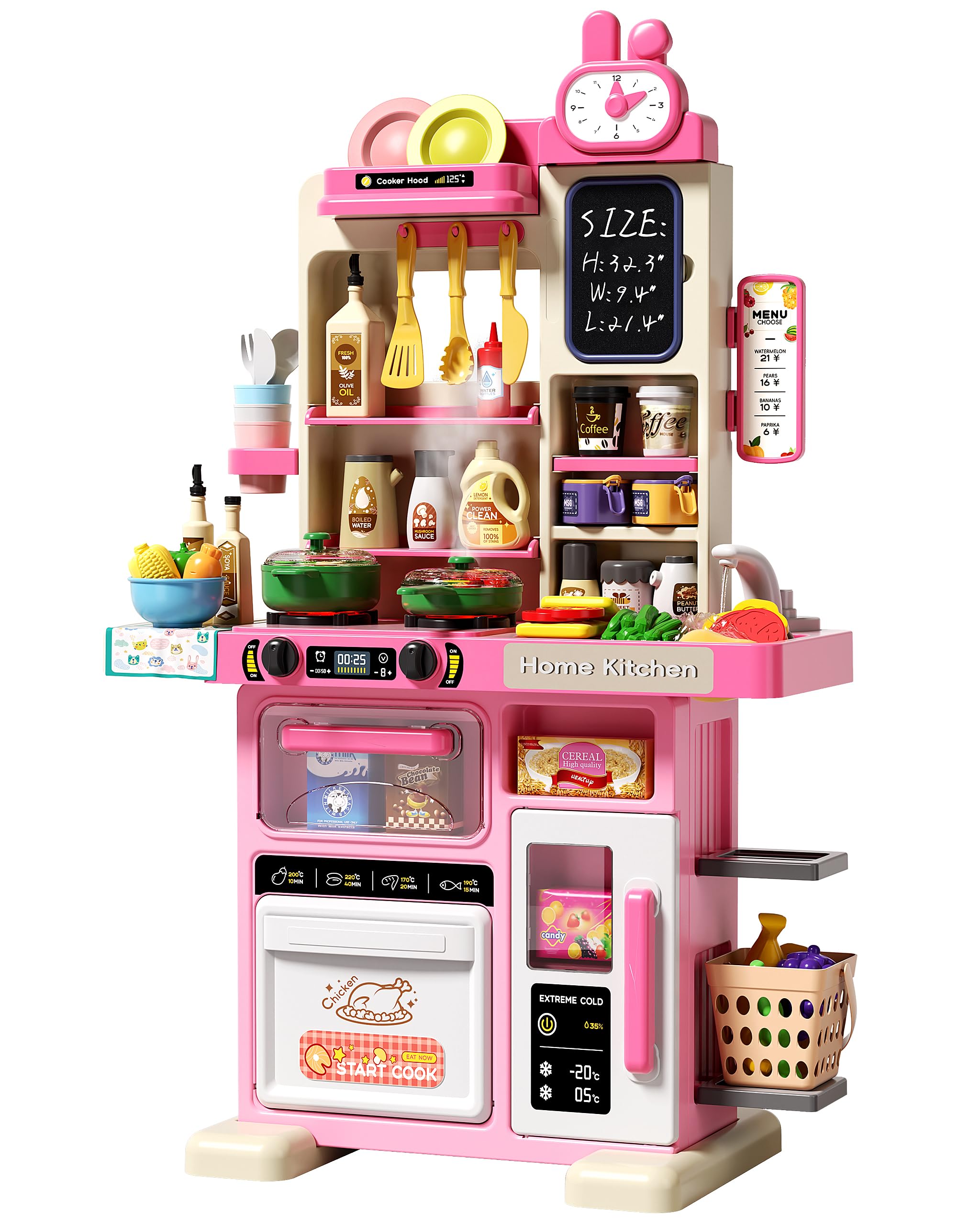 33.8IN Kids Kitchen Playset, 63 PCS Kid Play Kitchen with Realistic Lights & Sounds, Spray Sink Toy Kitchen Accessories, Pretend Food Toys Kitchen for Boys Girls Toddlers(Pink)