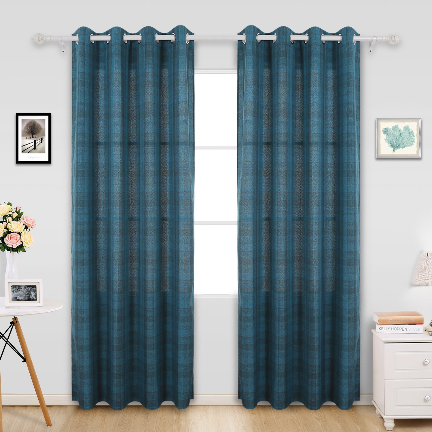 Deconovo Buffalo - Cortinas de tul de lino sintético con ojales para dormitorio, 132 x 150 cm, color azul