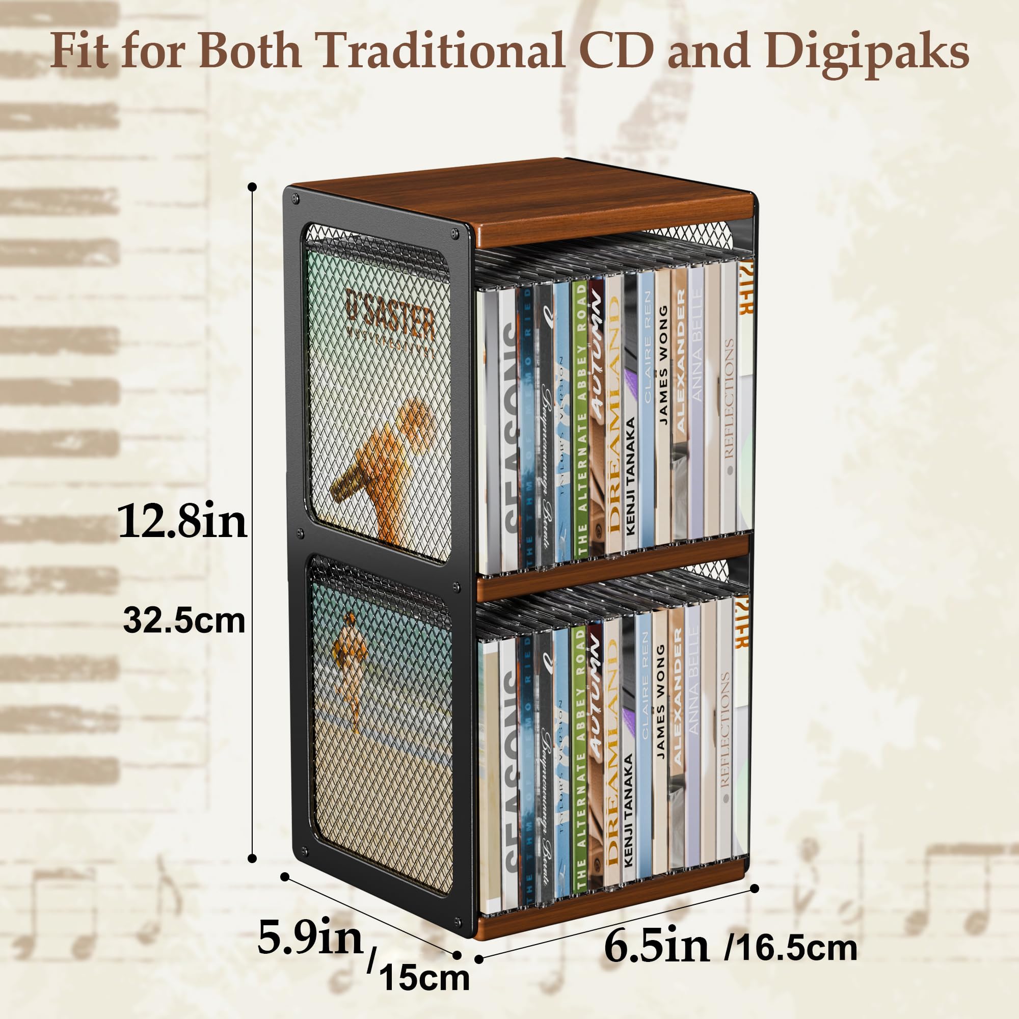 Soporte de madera para CD, CD y DVD, soporte para almacenamiento, organizador, diseño de rejilla de madera y metal