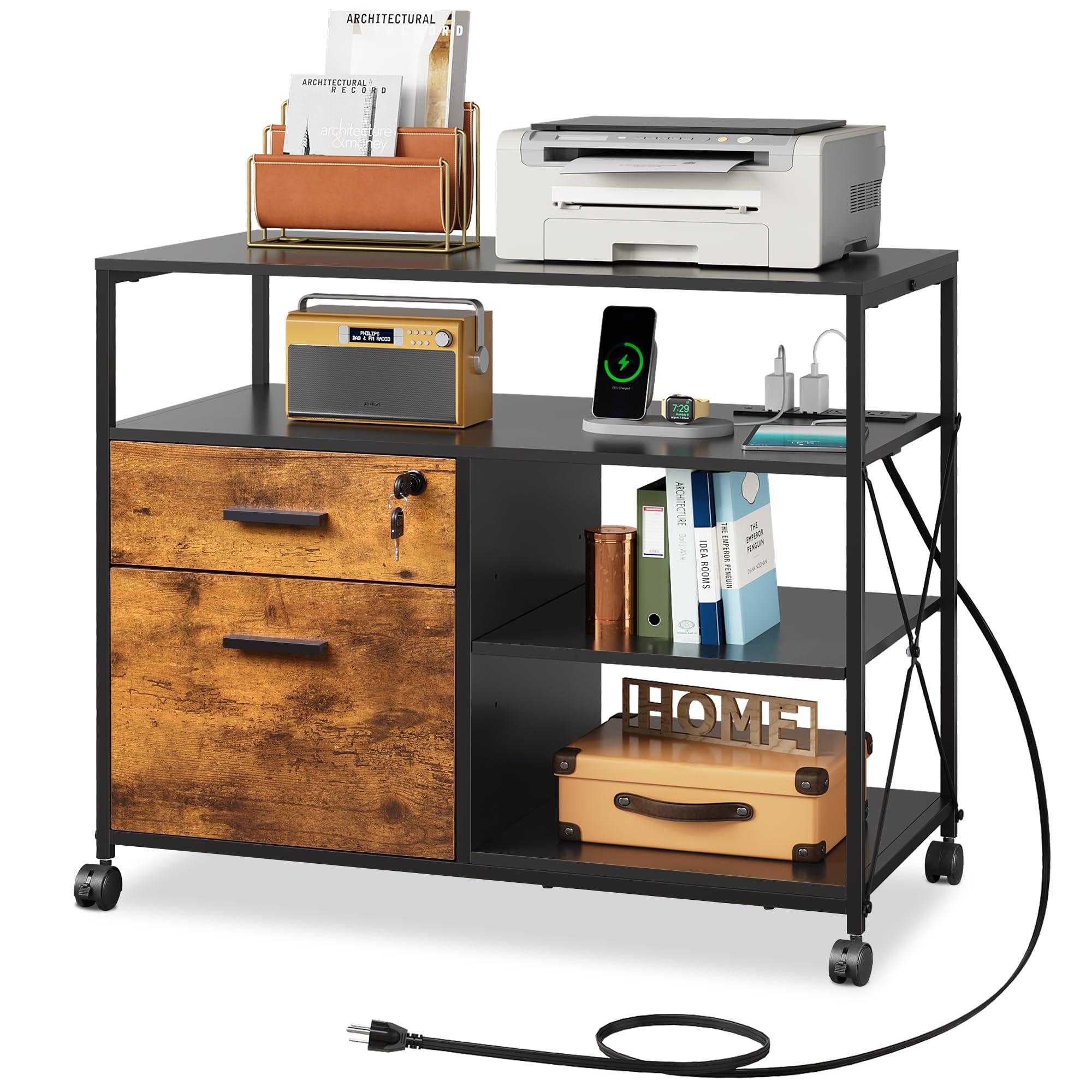 DEVAISE 2 Drawer Locking File with Charging Station, Rolling