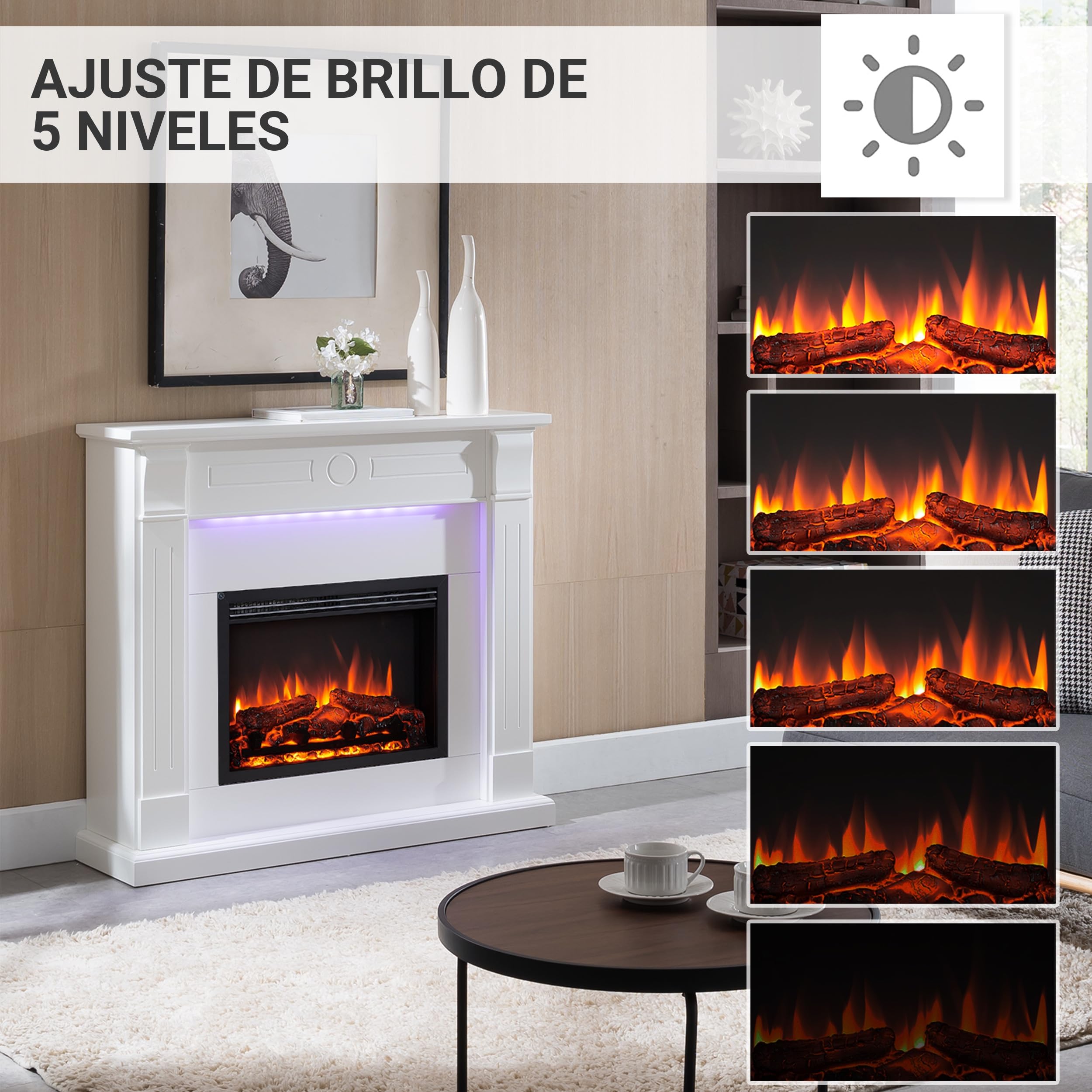 BALDERIA Hikaru - Chimenea eléctrica, Blanco, calefacción 2000 W - Blanco | Efecto de Llama 3D, iluminación LED, crepitación, Control de Aplicaciones, WiFi, Control Remoto, Temporizador, termostato