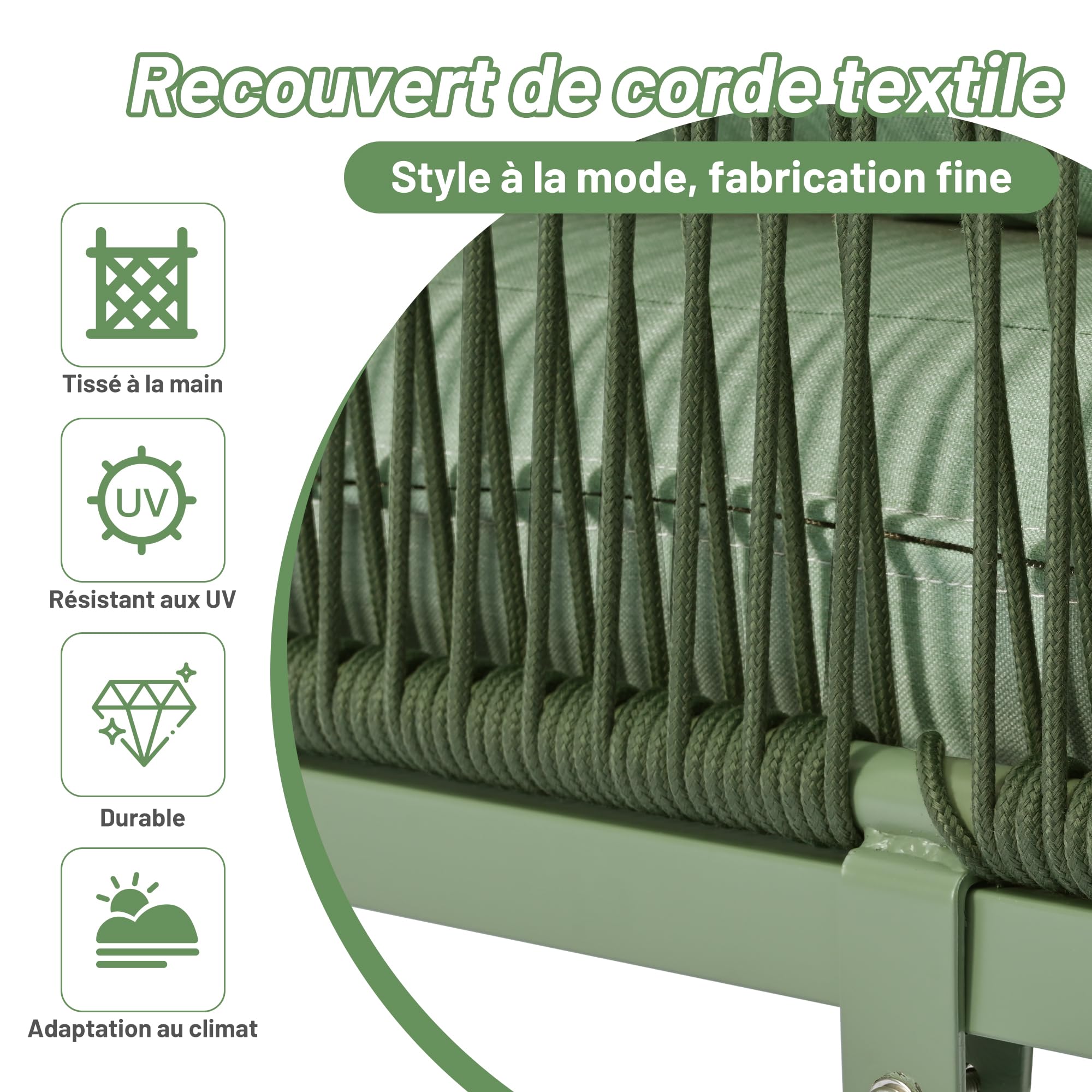 Zepneiy Set di mobili da giardino lounge per esterni, set di mobili da giardino a forma di L, con 2 divani e 1 tavolo, mobili da balcone, divano da giardino in ferro e corda verde, con cuscino di