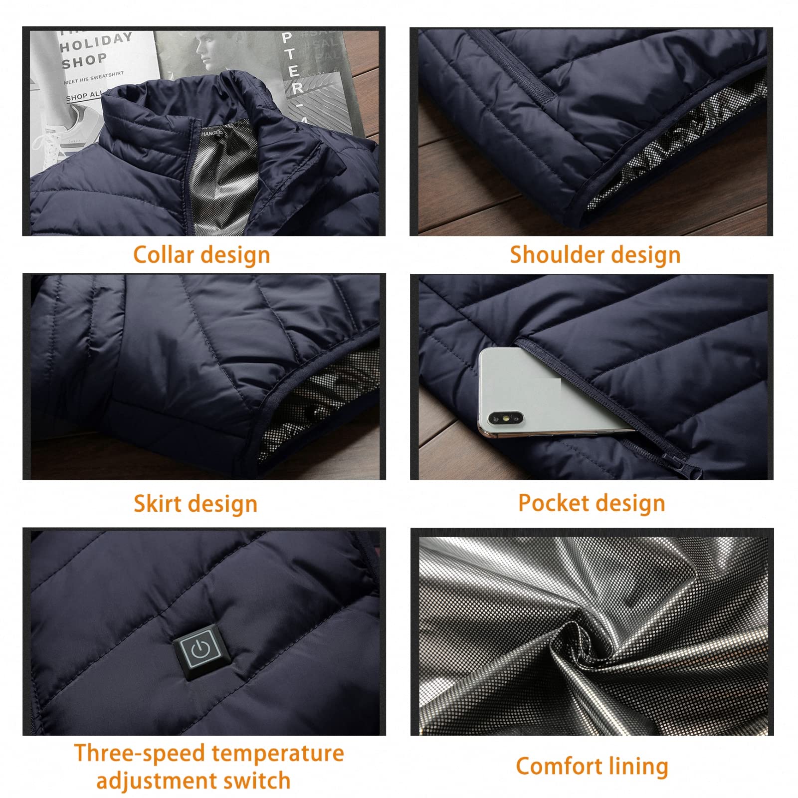 Gilet chauffant grande taille S-8XL, manteau chauffant électrique à chargement USB, avec contrôle de la température à trois vitesses et lavable en machine