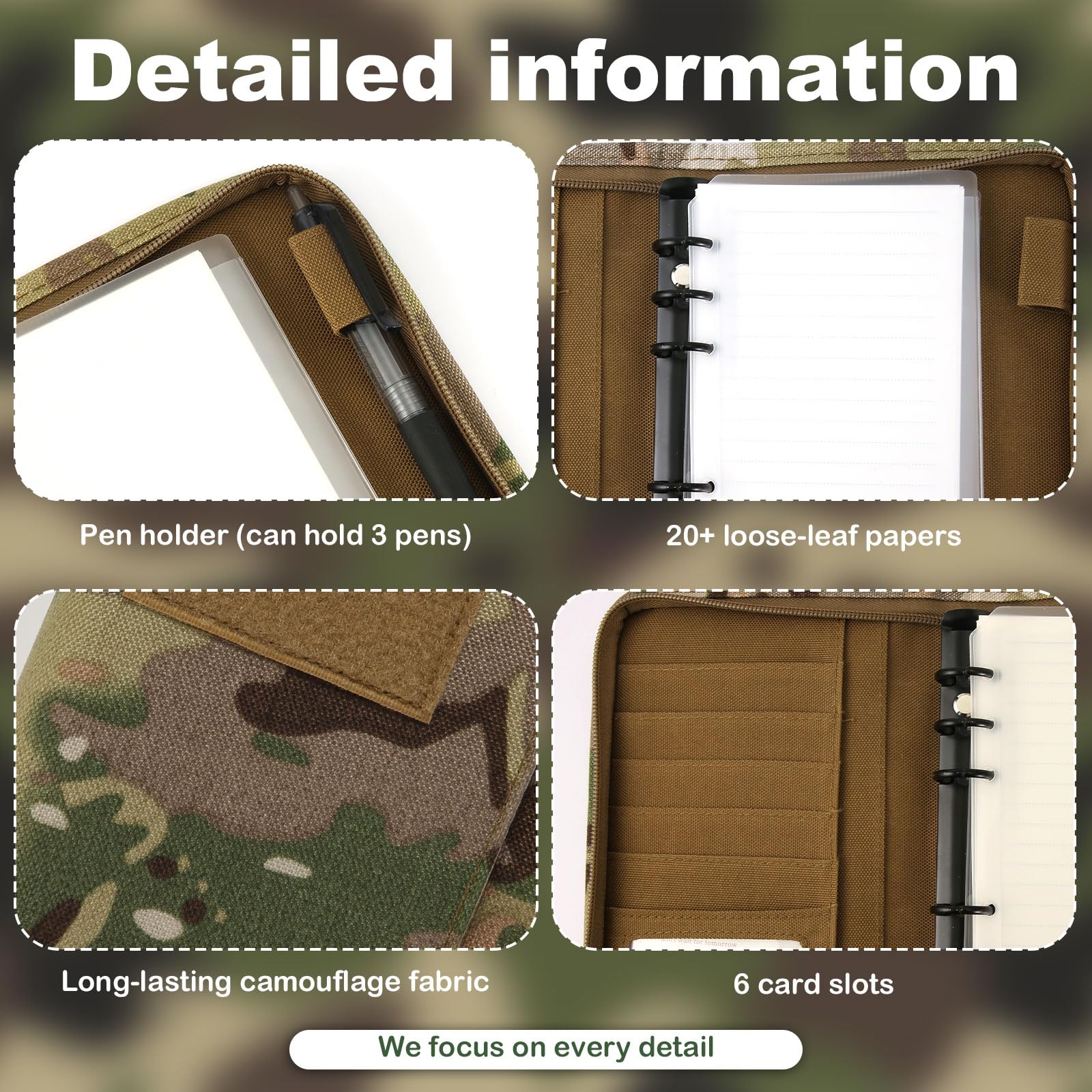 Military Army Camouflage Notebook Portfolio Organizer - Zippered Detachable A6 6 Ring Binder for Men Women Business Cards - Image 4