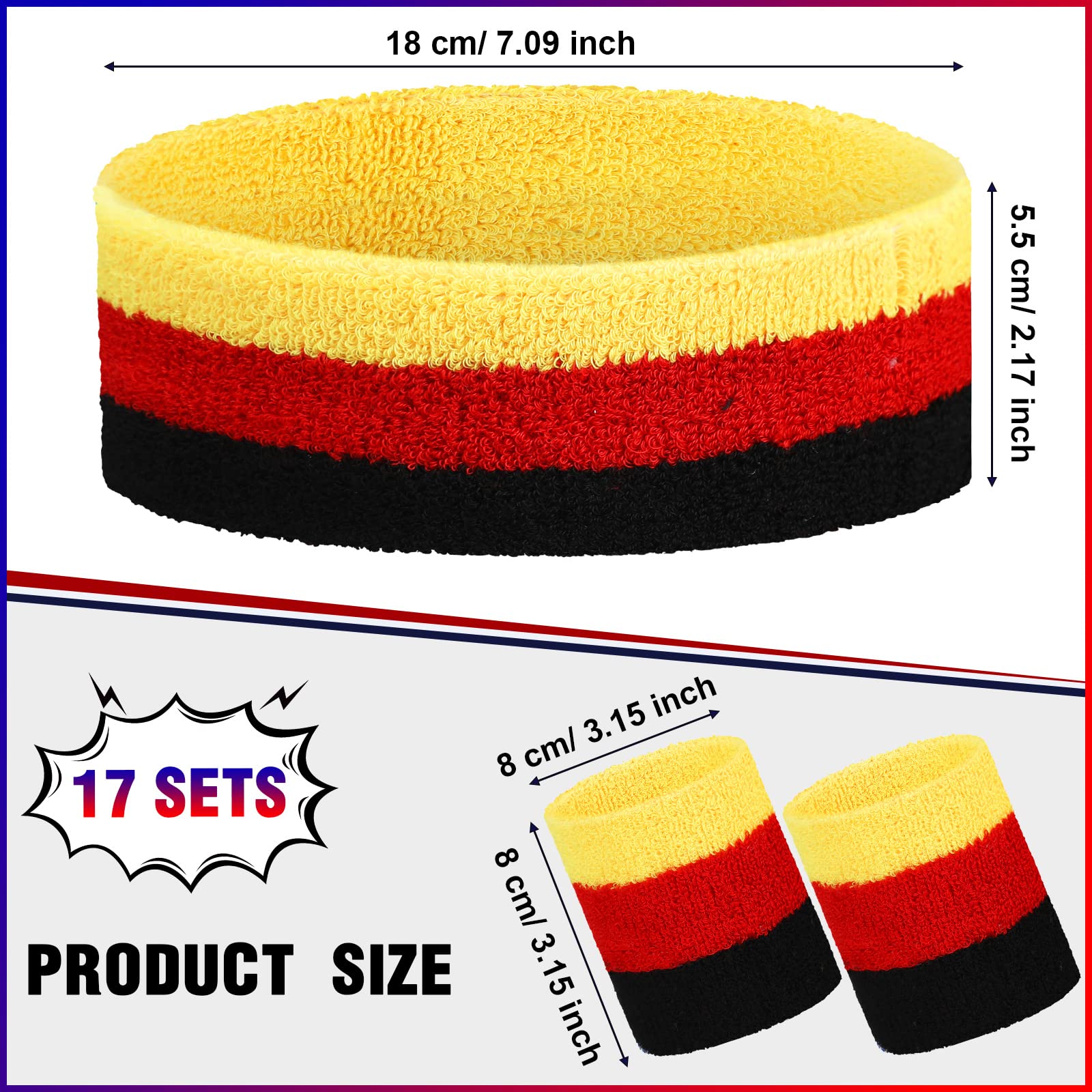 17-teiliges gestreiftes Schweißband-Set, Sport-Stirnband, Armband-Set, Polyester-Baumwolle, Schweißbänder, schweißabsorbierendes Stirnband für Männer, Frauen, Kinder, Jungen, Mädchen, Workout