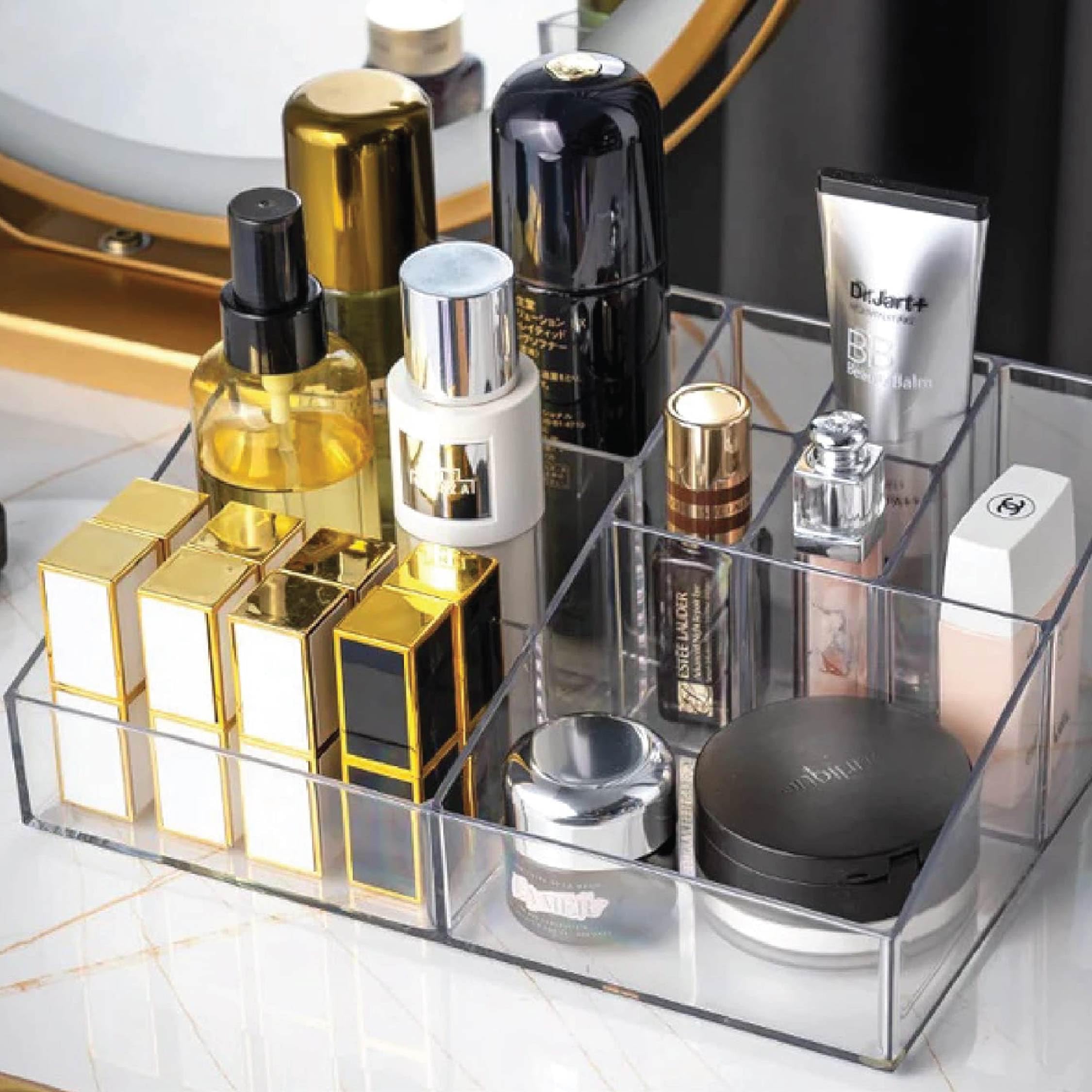 Acrylic Cosmetic Makeup Organizer Storage With 9 Compartments For Kajal, Lipstick, Nail Paint, Compact, Brushes | Transparent, Cosmetics