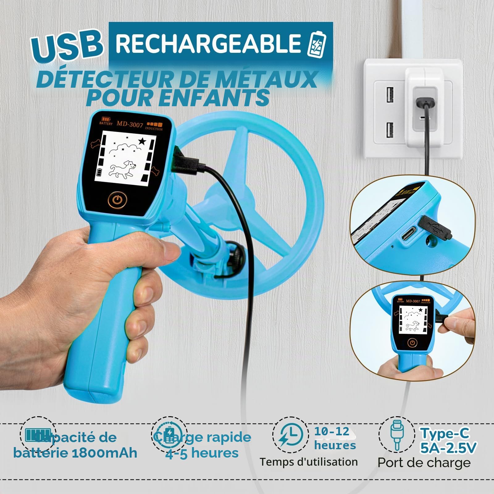Détecteur de métaux pour Enfants Smofrees Rechargeable USB, réglable 60-86 cm, écran LCD, Bleu