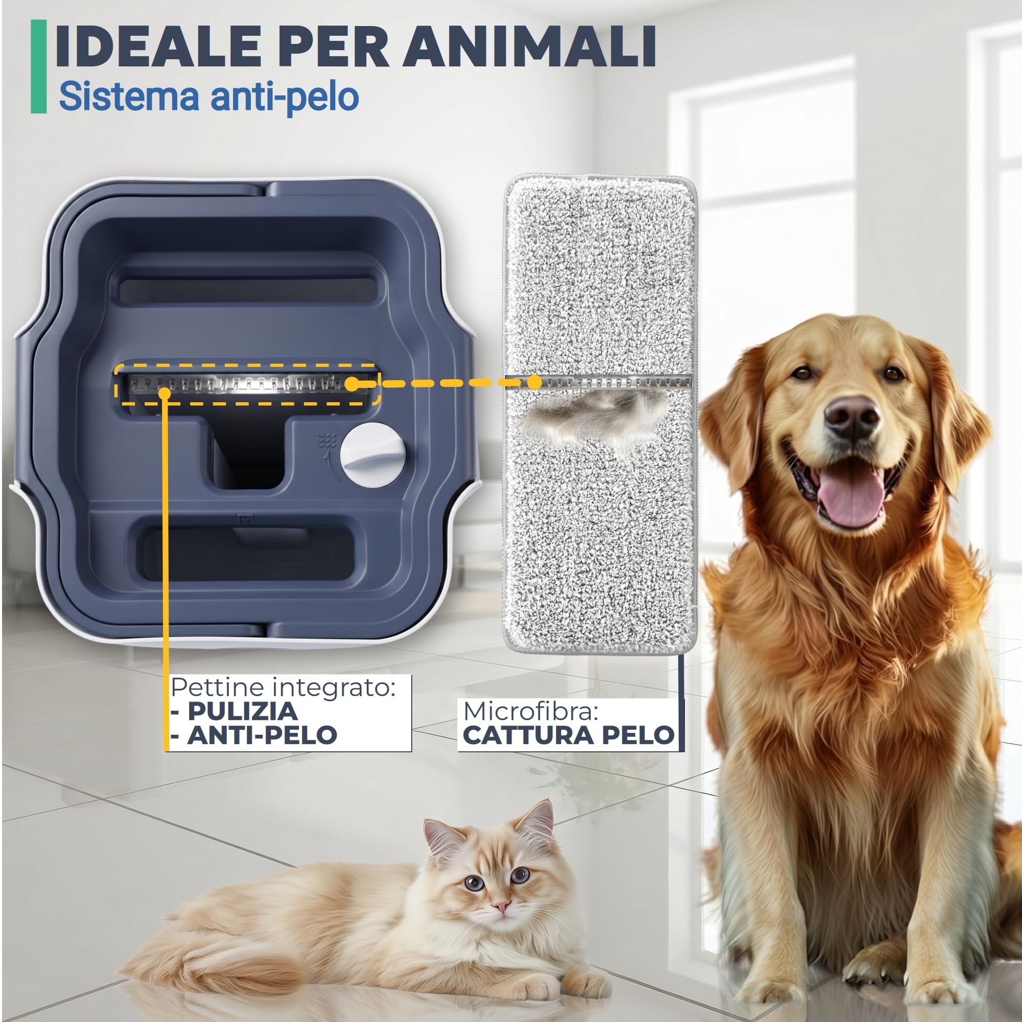 Set di mocio piatto e secchio, lavapavimenti Pure Water System, Separazione Acqua Sporca e Pulita: Ultra Igienico Pulizia Facile, Mocio Piatto Microfibra, Autopulente, Secchio Strizzatore