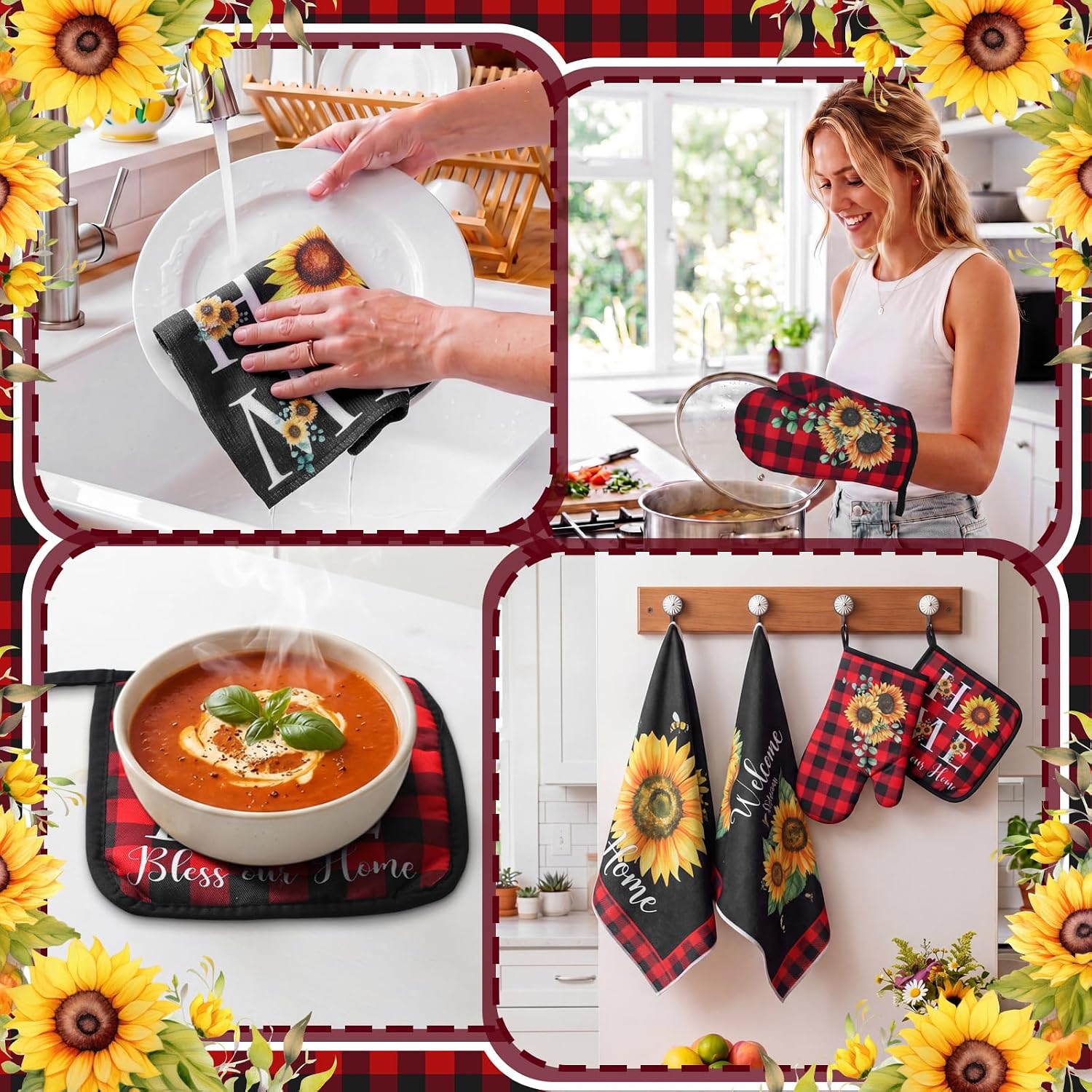 Fourluoo 10 Pcs Sunflower Kitchen Decor and Accessories Set Sunflower Oven Mitts and Pot Holders Set Black Towels Rugs for Baking Cooking Grilling BBQ Women Home Gift