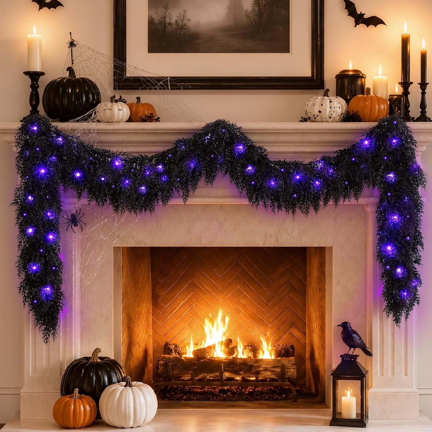 9FT Black Halloween Garland with Lights Realistic Prelit Cedar Pine Garland | Soft Real Touch Lighted Garland with Timer for Mantle Table Fireplace Stairs Indoor Outdoor Christmas Gothic Decorations