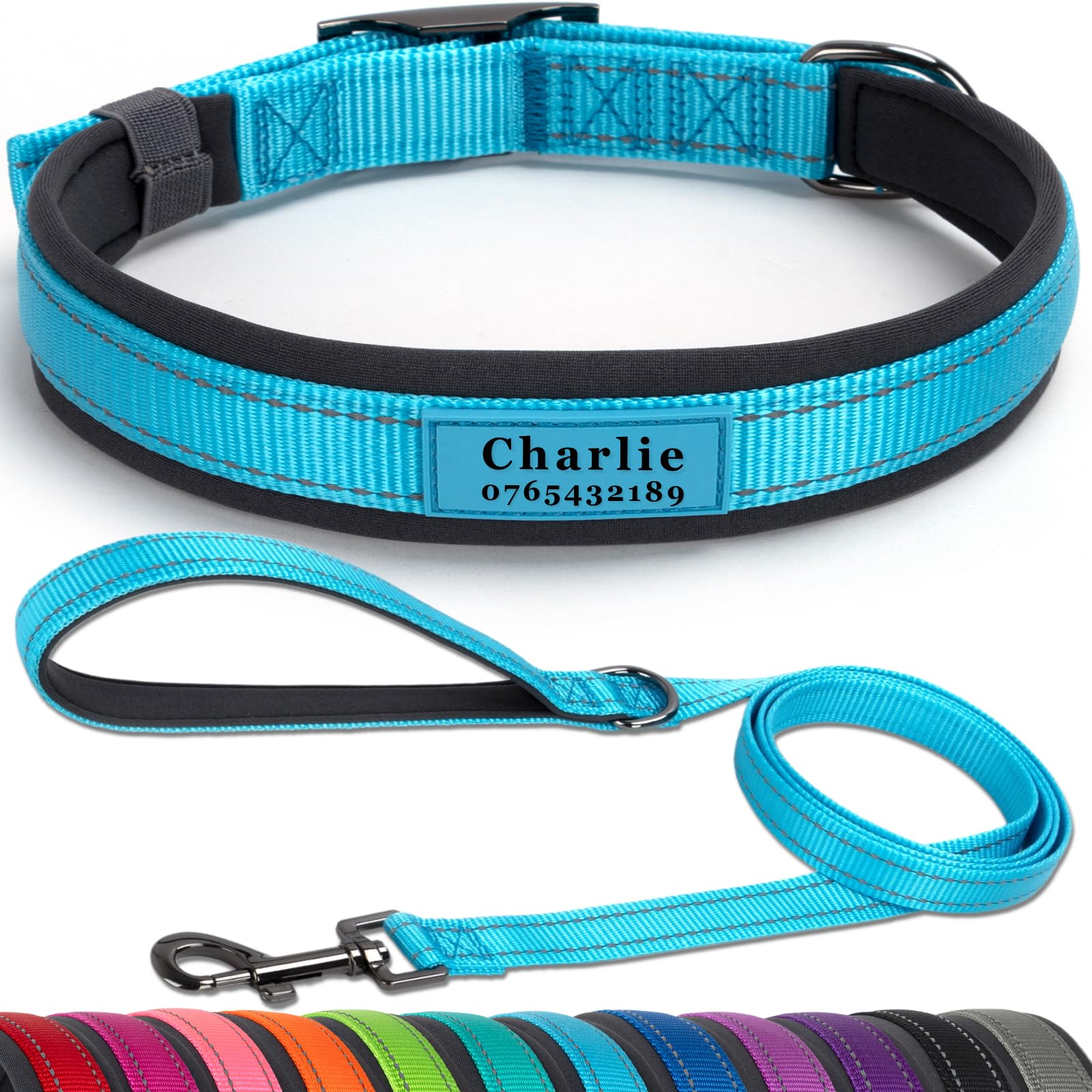 SEOUGEE Personalised Dog Collar and Lead Set | Durable Metal Buckle | Ultra Wide Soft Neoprene Padded | Adjustable Reflective Dog Collar for Small Medium Dogs (S, Sky Blue Set 26-36cm)