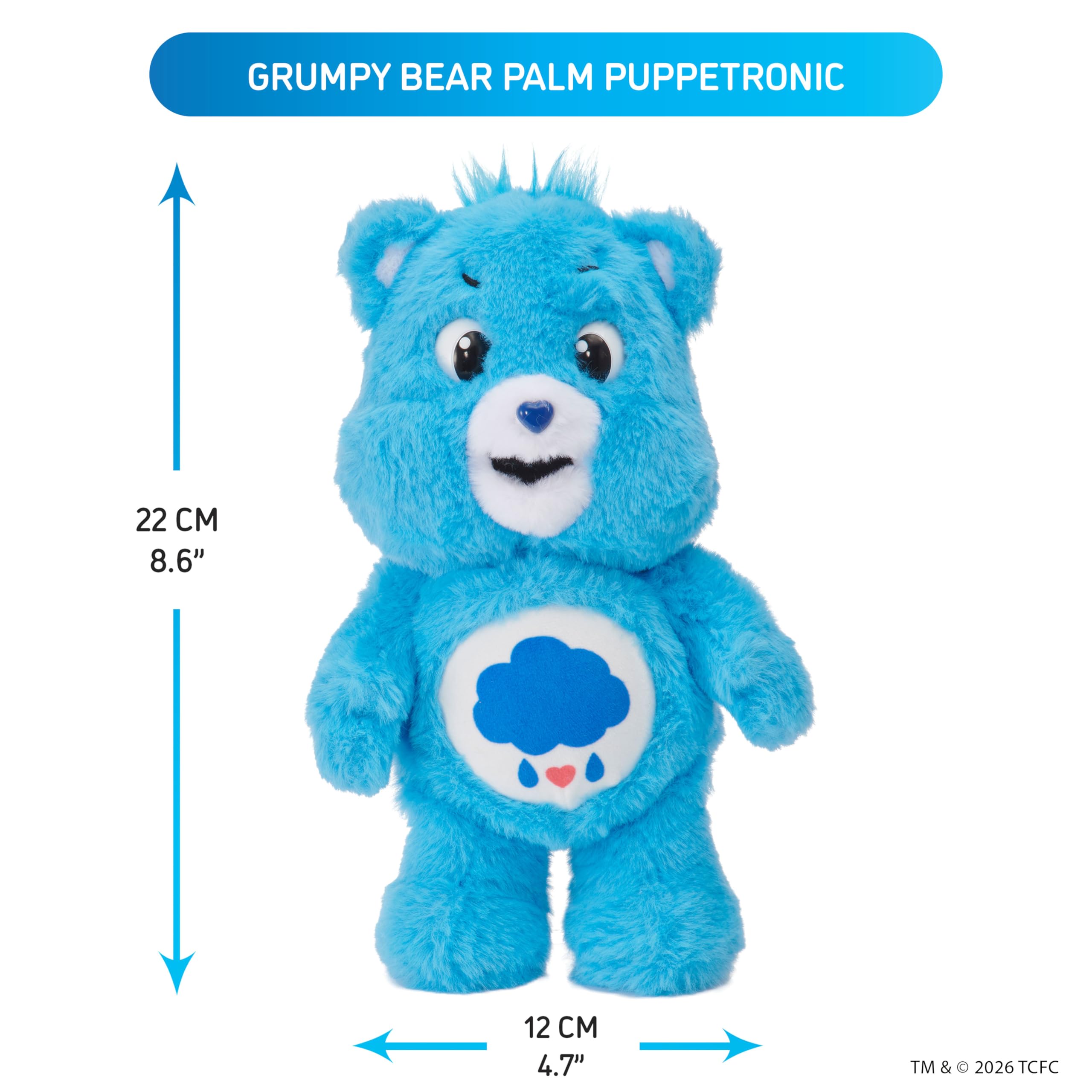 WOW! STUFF Care Bear Grumpy Palm Puppetronic, pluszowa interaktywna miękka zabawka, gadający plusz z dźwiękami i czynnościami, czujnik dotyku głowy, ruchome oczy, usta i głowa, wiek 6 plus