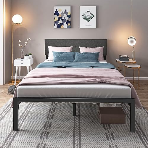 Miniatura 8 de YITAHOME Cama de plataforma tapizada con cabecera ajustable marco de cama de metal de tamaño Queen con listones de acero no necesita somier base de