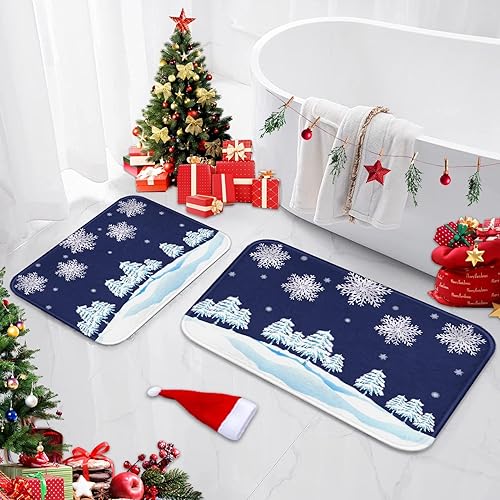 Miniatura 8 de Juego de 2 tapetes de baño de Navidad, diseño de acuarela para casa y árbol de Navidad, cubierta lavable, tapetes para decoración de baño, 16 x 24 y