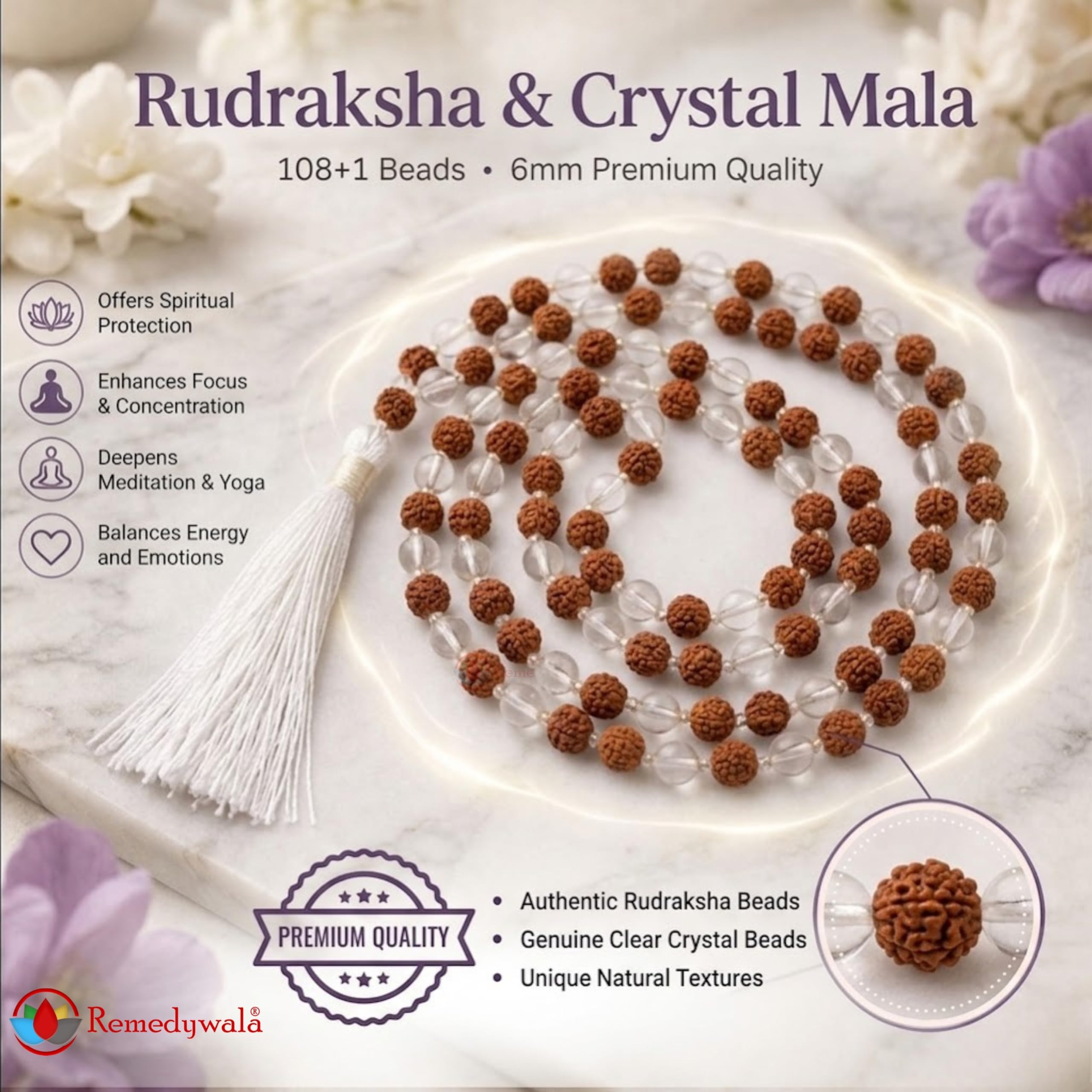 Remedywala Certified Natural Rudraksha & Crystal Mala 108 Beads 6mm | Original Jap Mala for Meditation, Chanting, Pooja & Spiritual Wearing | Positive Energy, Peace & Focus 1