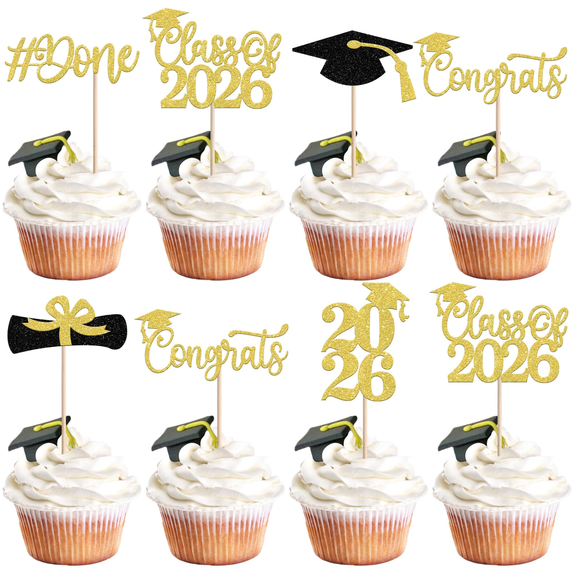 Xsstarmi 24 Pack Congrats Grad Cupcake Toppers Gold Glitter Diploma Done Cupcake Picks Class of 2026 Cake Decorations for 2026 Graduation Party Cake Decoration Supplies