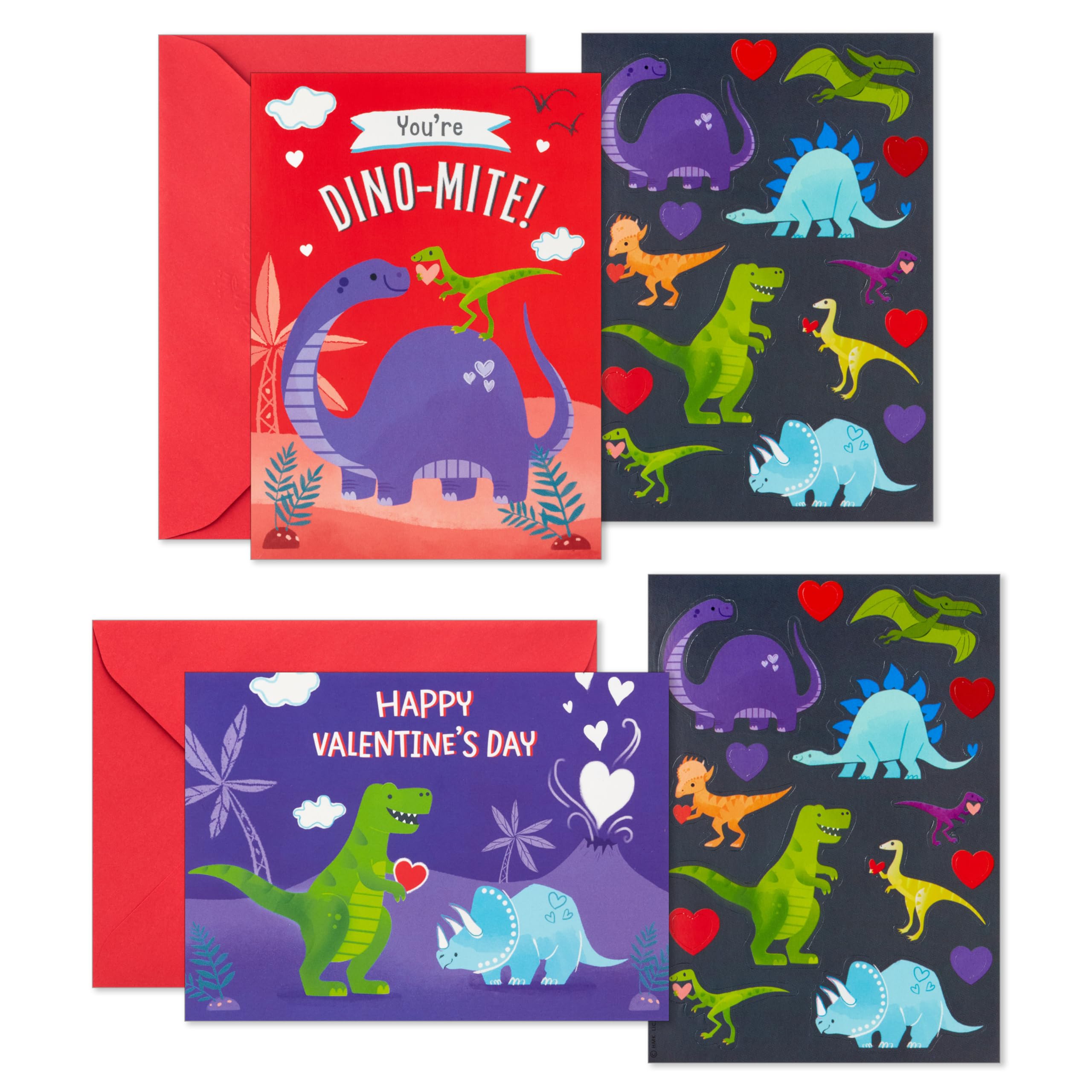 Hallmark Valentine's Day Cards and Stickers for Kids School, Dinosaur (24 Classroom Valentines with Envelopes)