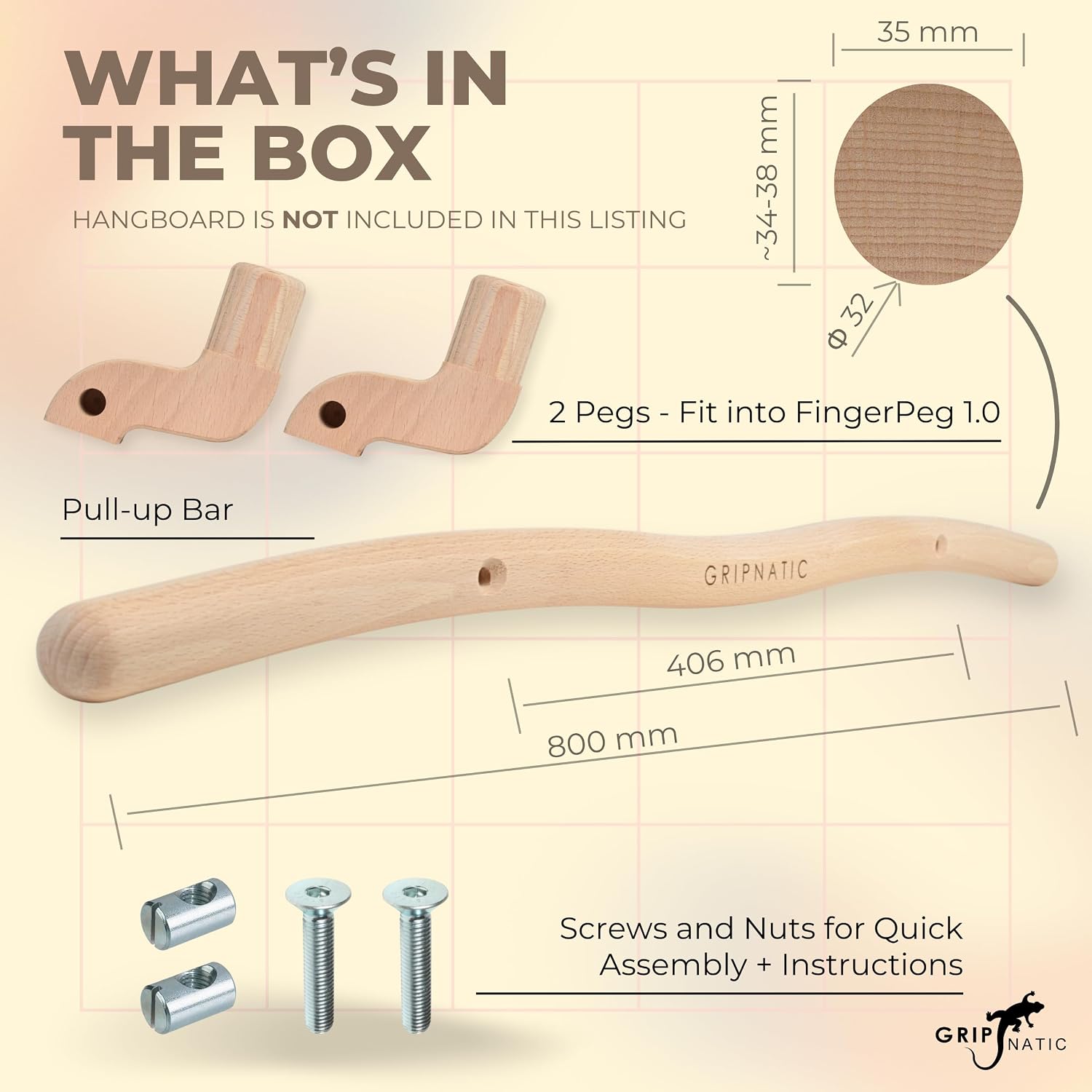 Beech Wood Pull-Up Bar for FingerPeg 1.0 Hangboard, Removable | Removable Beech Wood Bar for Pull Ups, Chin-Ups & Dead Hangs - Makes Your FingerPeg 1.0 a Pull Up Station