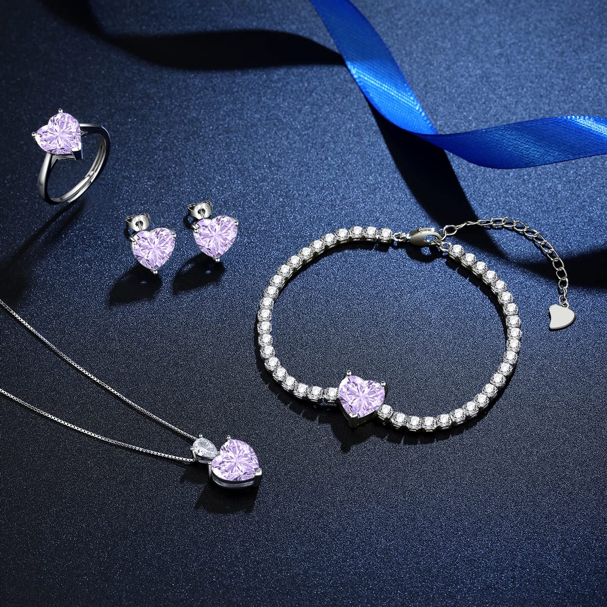 Juego de joyas de plata para mujer, 4 unidades, plata de ley 925, corazón, amor, collar, pendientes, pulsera, anillos, colgante con cadena de plata de 45 cm, pendientes y pulsera y anillos con