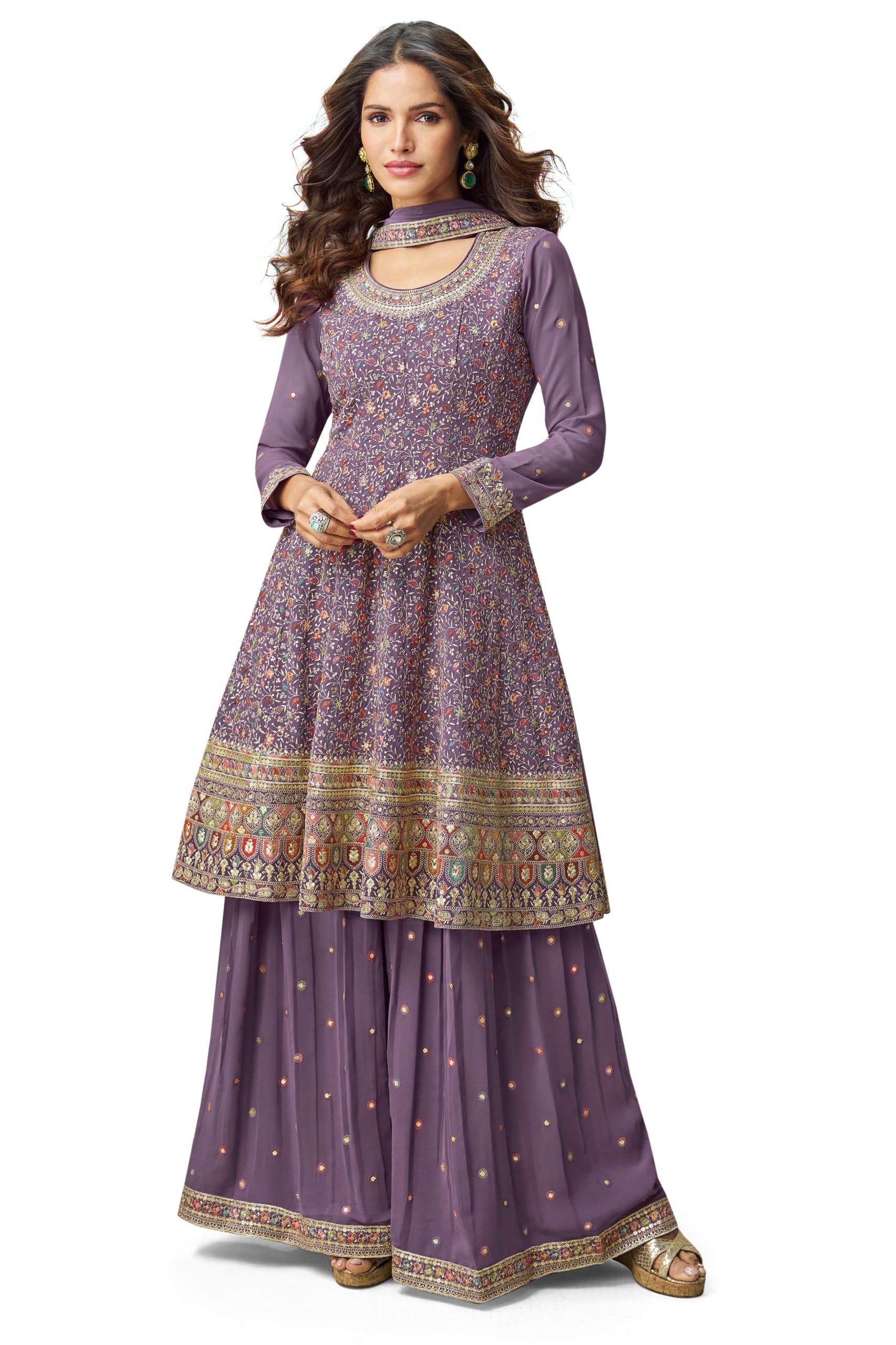 miss ethnik Women's Chinon Stitched Top With Bottom and Dupatta Full Sleeve Embroidered Kurta Palazzo Set-picture-18