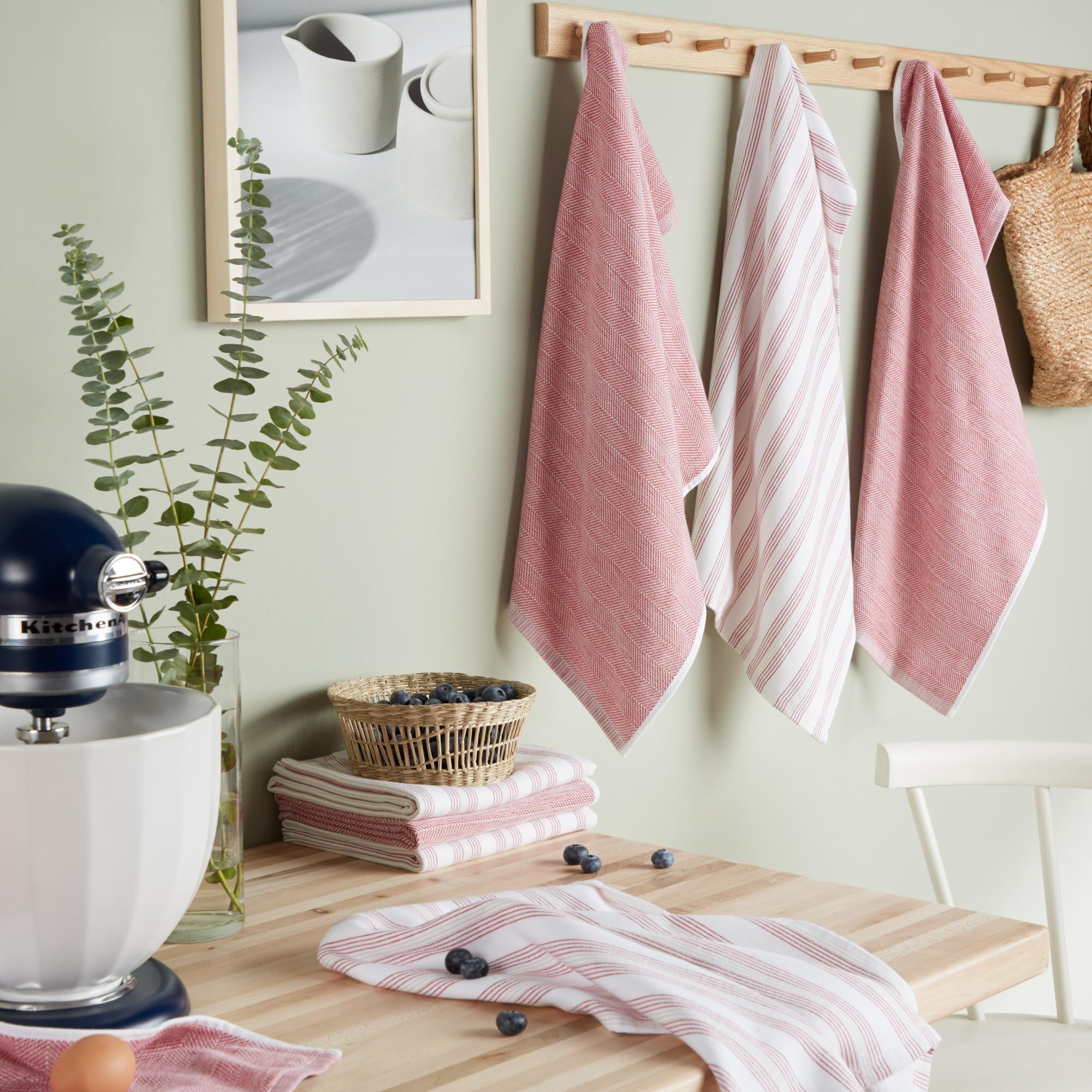 KitchenAid Lot de 8 torchons de Cuisine en Chambray à Rayures, absorbants, 100% Coton tissé, Rouge Passion, Blanc, 43,2 x 71,1 cm