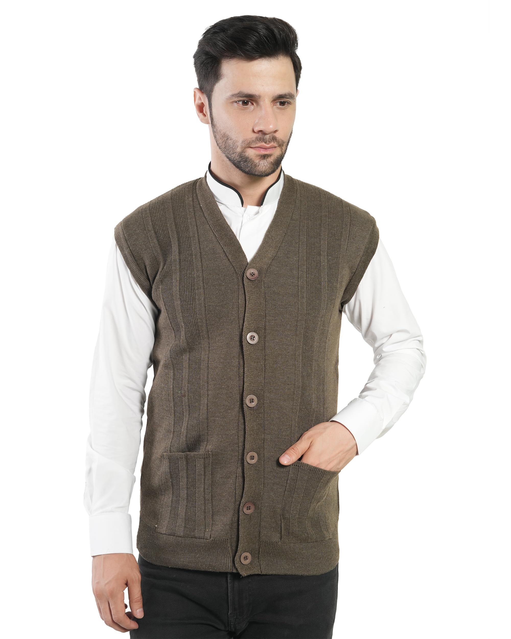 manra Men's Front Open Buttoned Sleeveless Solid Color Cardigan/Woolen Jacket/Waist Coat/Sweater with Pockets-picture-1