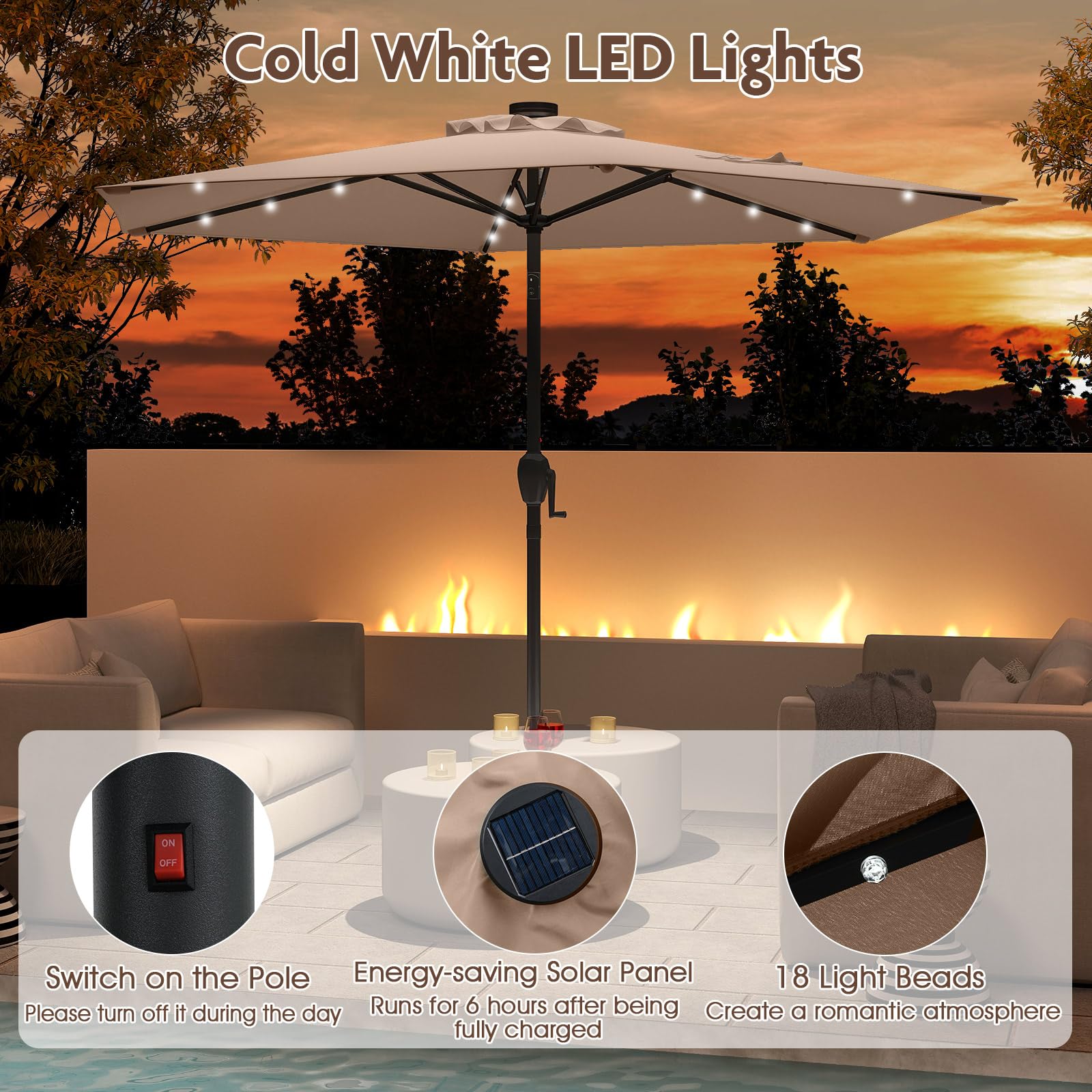 KOMFOTTEU Ombrellone da Giardino con LED 230 cm, Ombrellone da Spiaggia Inclinabile e Portatile, con 6 Aste e Manovella in Metallo, Anti UV, da Esterno per Patio, Piscina, Mercato, Terrazzo