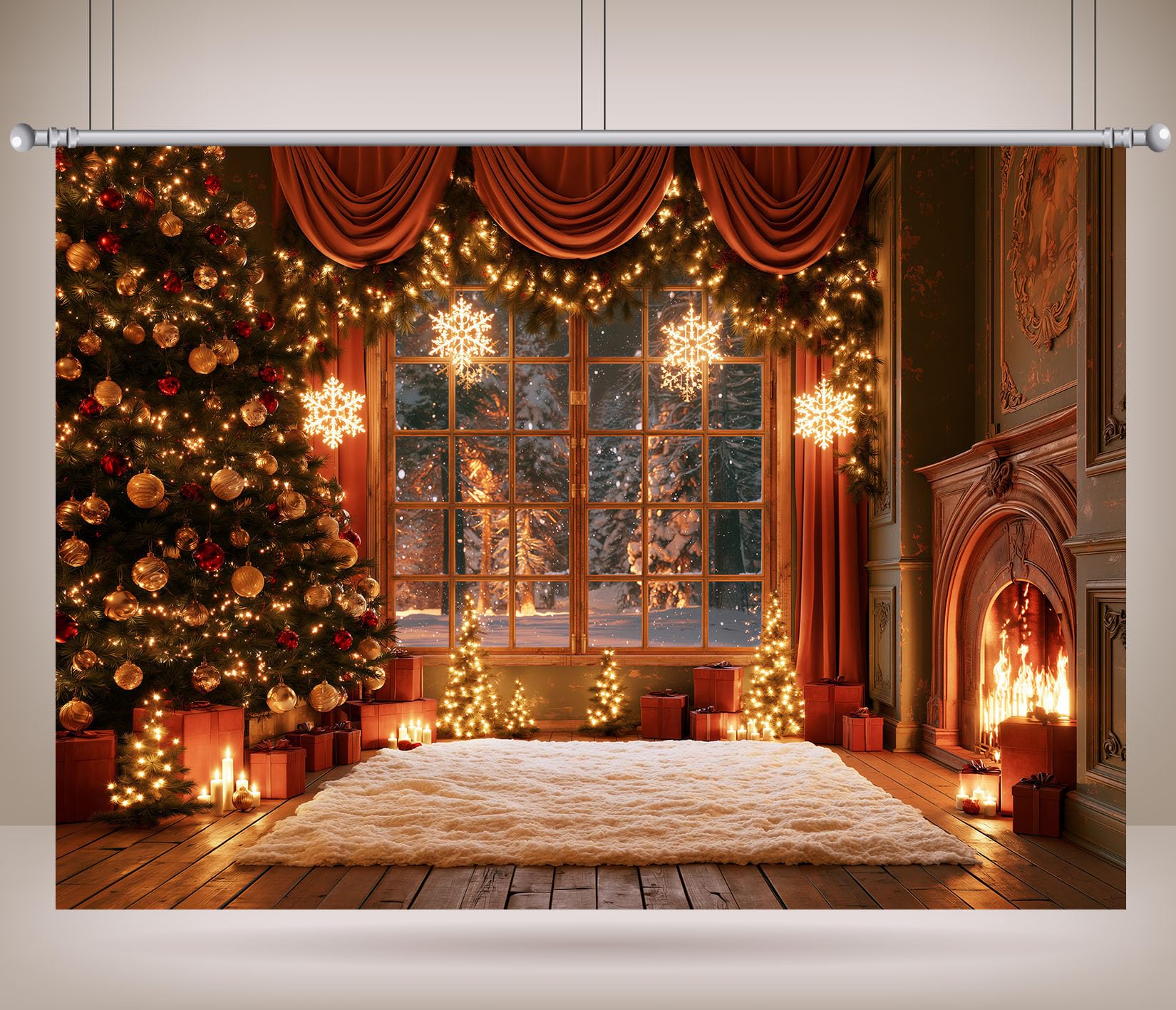 15x10FT Ventana Feliz Navidad Corona Fondo Fotográfico