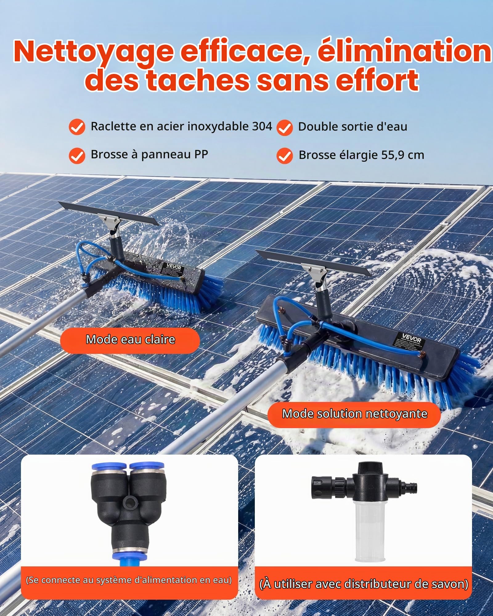 VEVOR Kit Nettoyage pour Panneaux Solaires 10 m Brosse Télescopique Nettoyage Passage Eau Perche Alliage Alu pour Panneaux Solaires Toit, avec Tête Brosse Rotative 180°, Raclette, Distributeur Savon