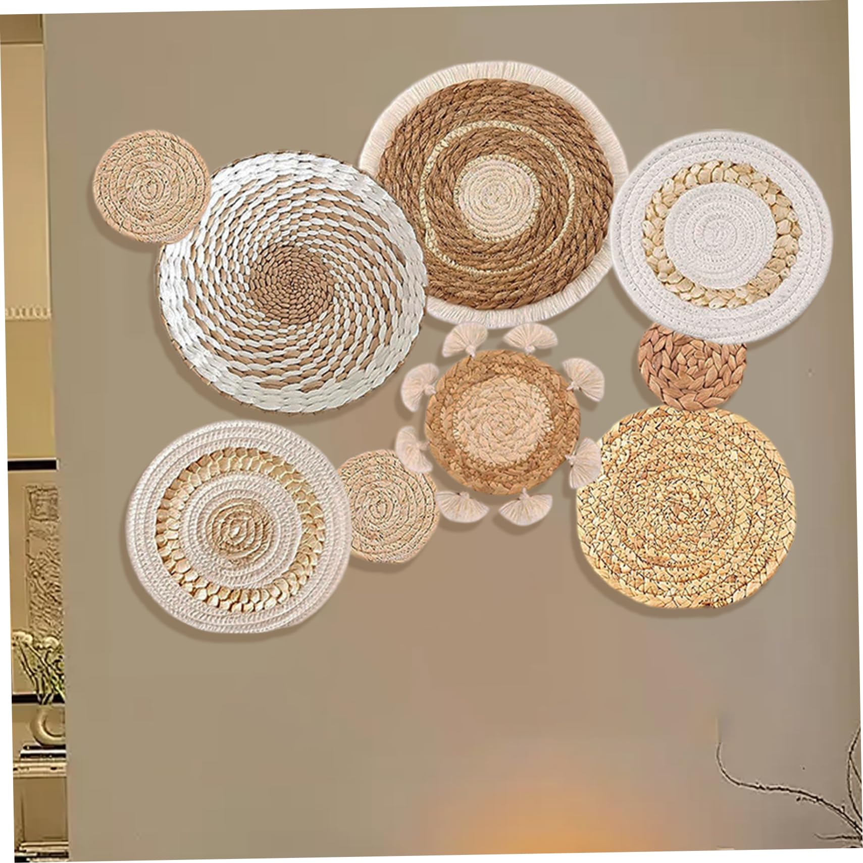 9 piezas decoración de pared boho, decoración de la pared de cocina tejida colgante, boho macrame pared colgando rústico redondo redondo plano marina marina de mimbre de mimbre para la sala de e