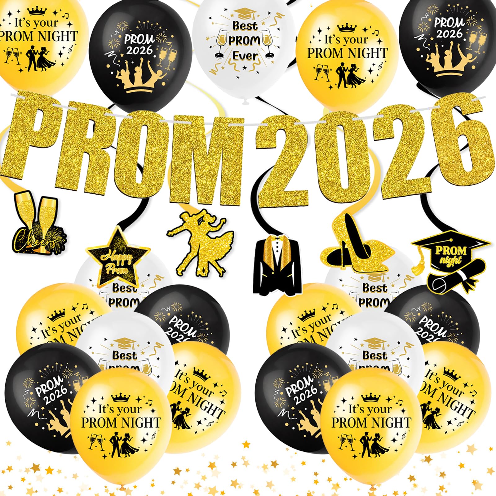 Prom 2026 Decorations Set - PROM 2026 Banner, 6 Hanging Swirls, 15 Prom Balloons (Black White Gold) - Class of 2026 Graduation Party Decorations, School Leavers Prom Night Backdrop