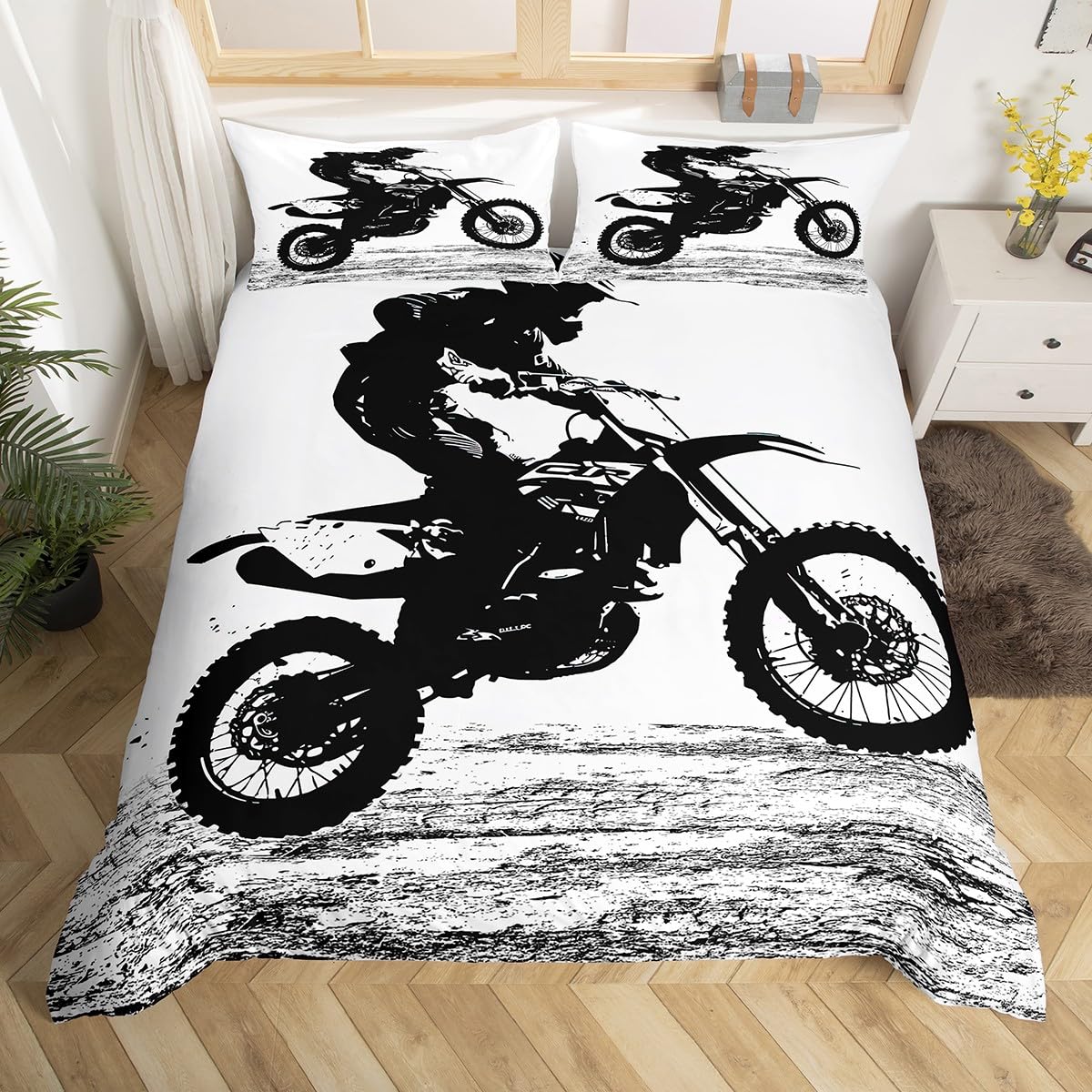 Housse de couette microfibre 200x200 parure de lit garçon motif moto cross Dirt Bike 3 pièces