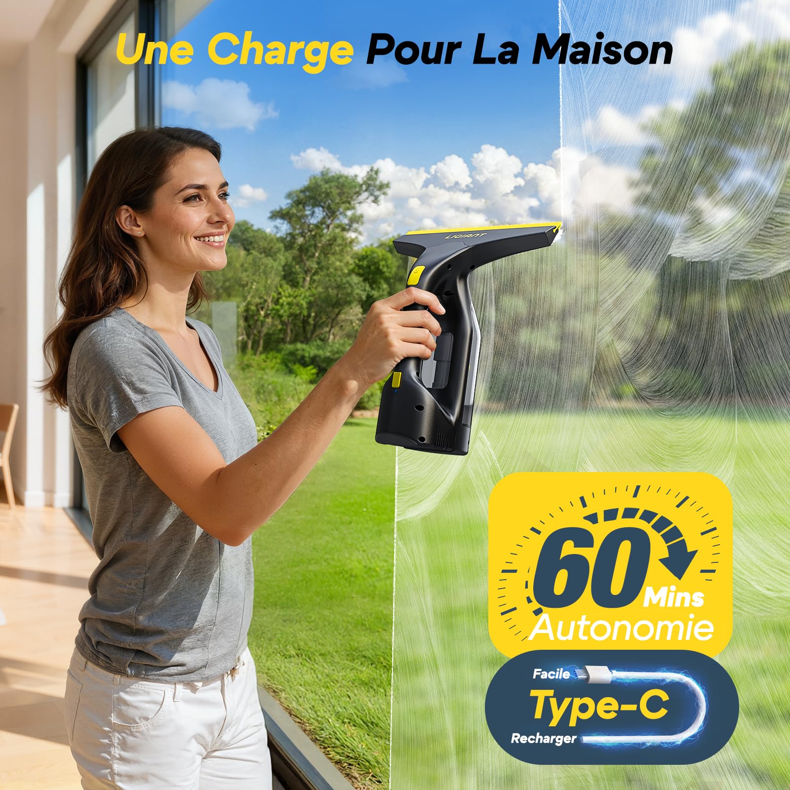 LIGIANT CL03A Nettoyeur de Vitre, Autonomie 60 min, Buse 280 mm, Flacon Spray et Chiffons en Microfibre, Recharge Type-C, Léger 700 g, Pour Vitres, Carrelages, Miroirs et Douche