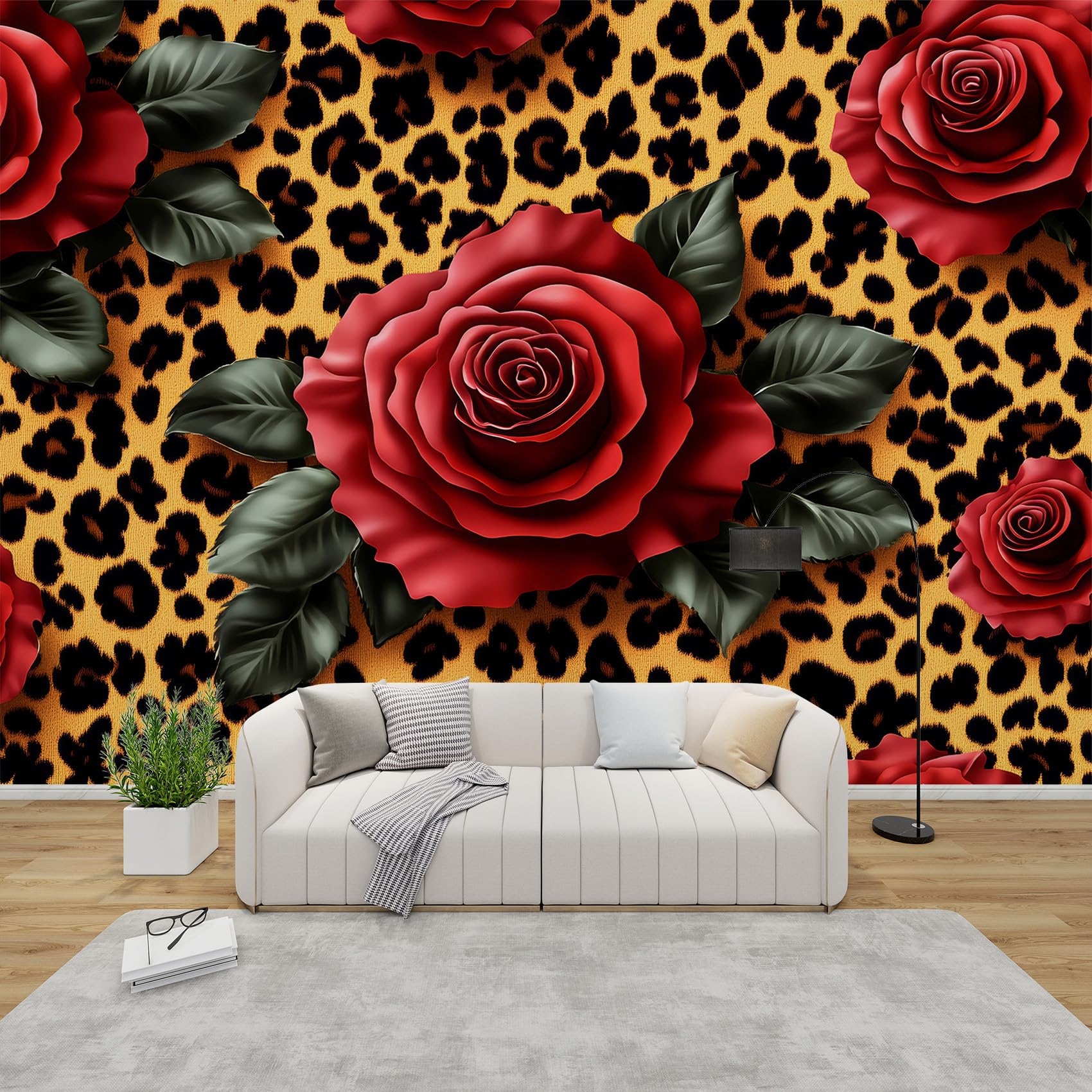 QEODAH Leopard Print Wallpaper for Living Room, Red Rose Wall Art for Bedroom, Cheetah Print Wall Murals for Bedrooms, Renter Friendly Removable Waterproof Non-Woven Photo Wallpaper 3D, 100x70 cm