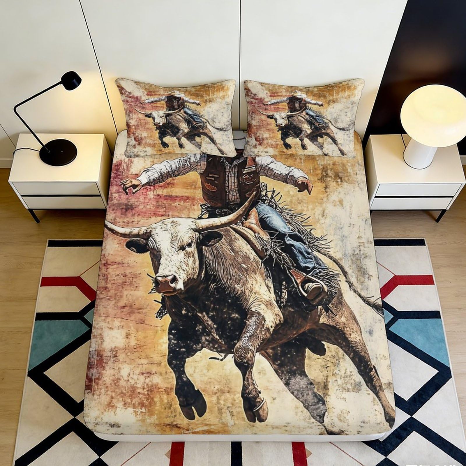 3D Printed Western Cowboy Fitted Sheet Microfiber Soft Breathable Rodeo Bull Mattress Cover for Bedroom Decor 90x200x25cm