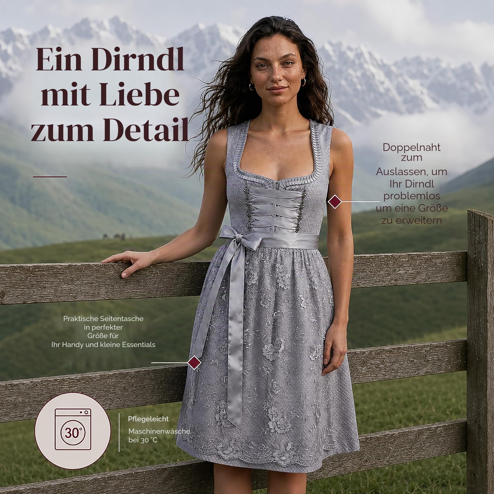 Alte Liebe Dirndl – Damen Trachtenkleid Grau (Midi 60 cm) – Spitzen-Schürze, Taschen, Oktoberfest & Wiesn Outfit