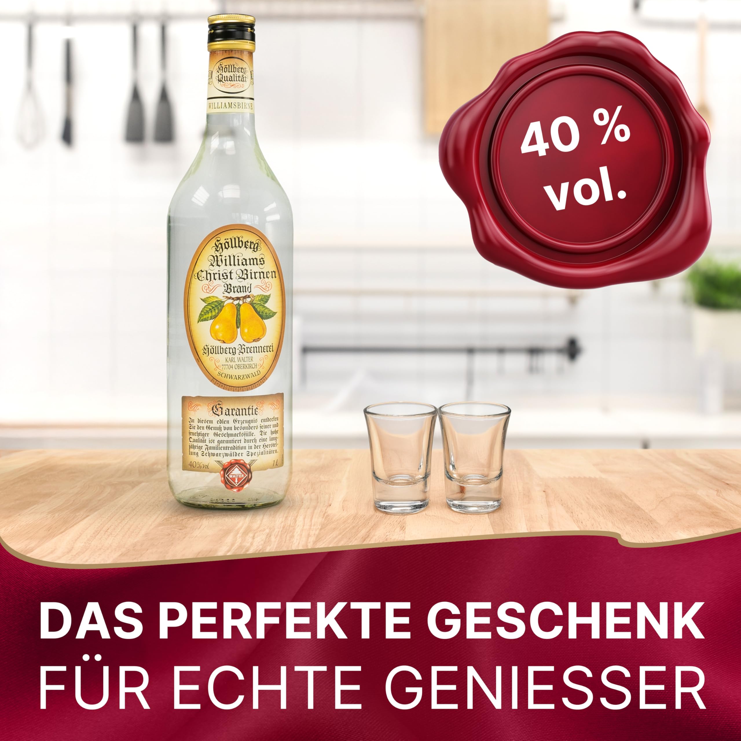 Höllberg® Original Williams-Christ-Birnenbrand 40% vol. (1L) – Edler Obstbrand & Obstler Schnaps aus dem Schwarzwald | Williams Birne Schnaps & Alte Birne Edelbrand | Premium Obstbrände