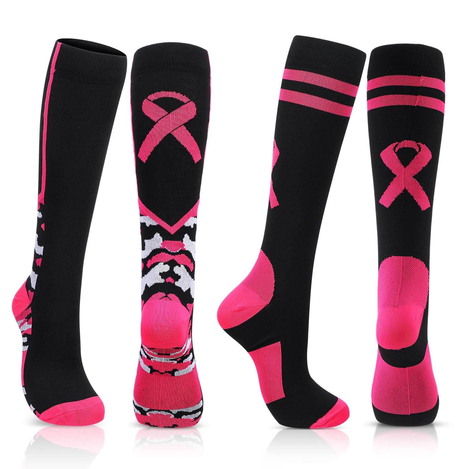 Haysandy 2 Pairs Breast Cancer Awareness Socks Pink Ribbon Calf Socks Pink Softball Soccer Football Socks for Men Women, Rose Red and Black, One size