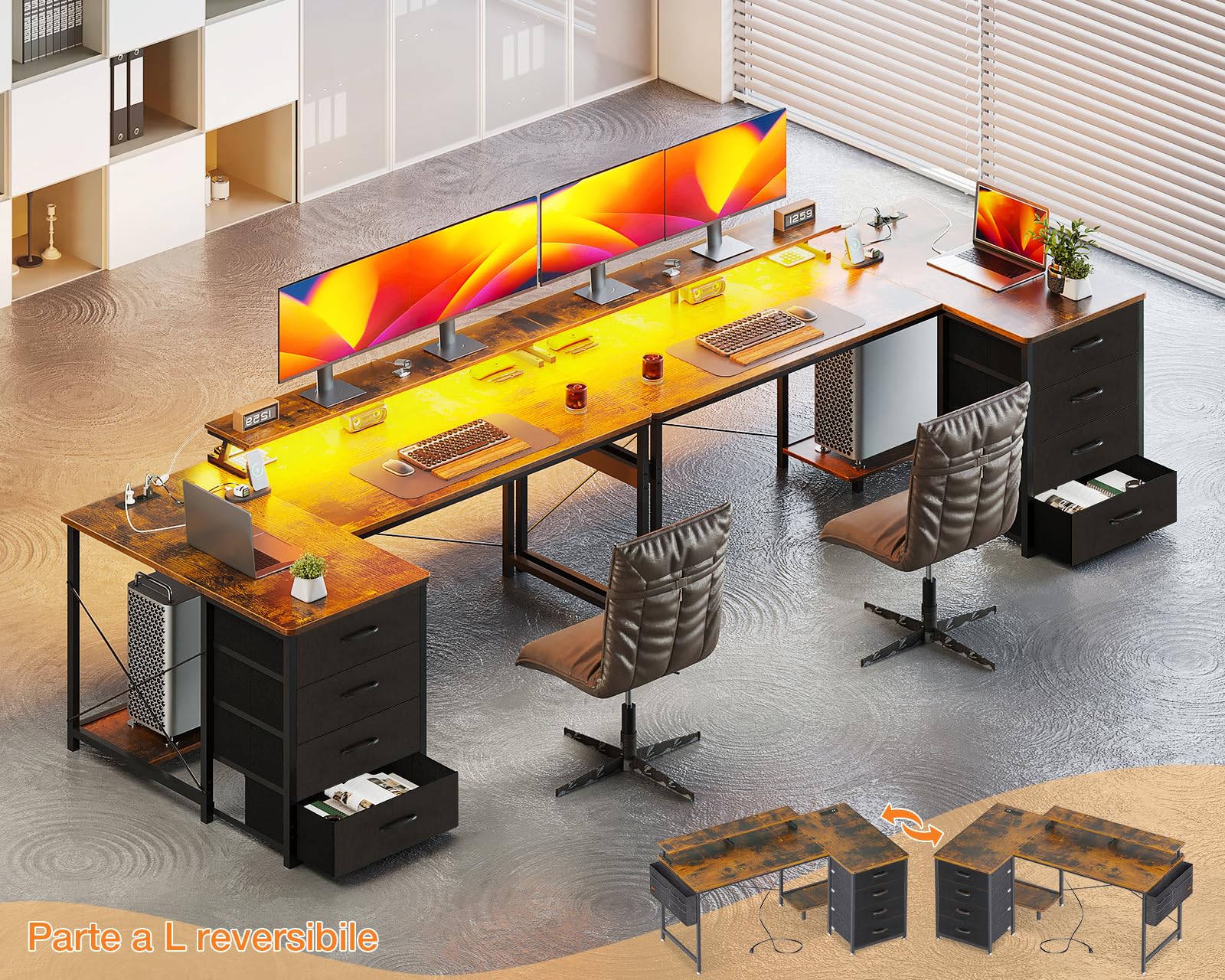 ODK Scrivania Angolare Reversibile, Scrivania da Gaming con LED, Scrivania a L con 4 Cassetti, Tavolo a Forma di L con 2 Porte di Ricarica USB e 2 Prese di Corrente per Ufficio, Marrone, 140x80x84.7cm