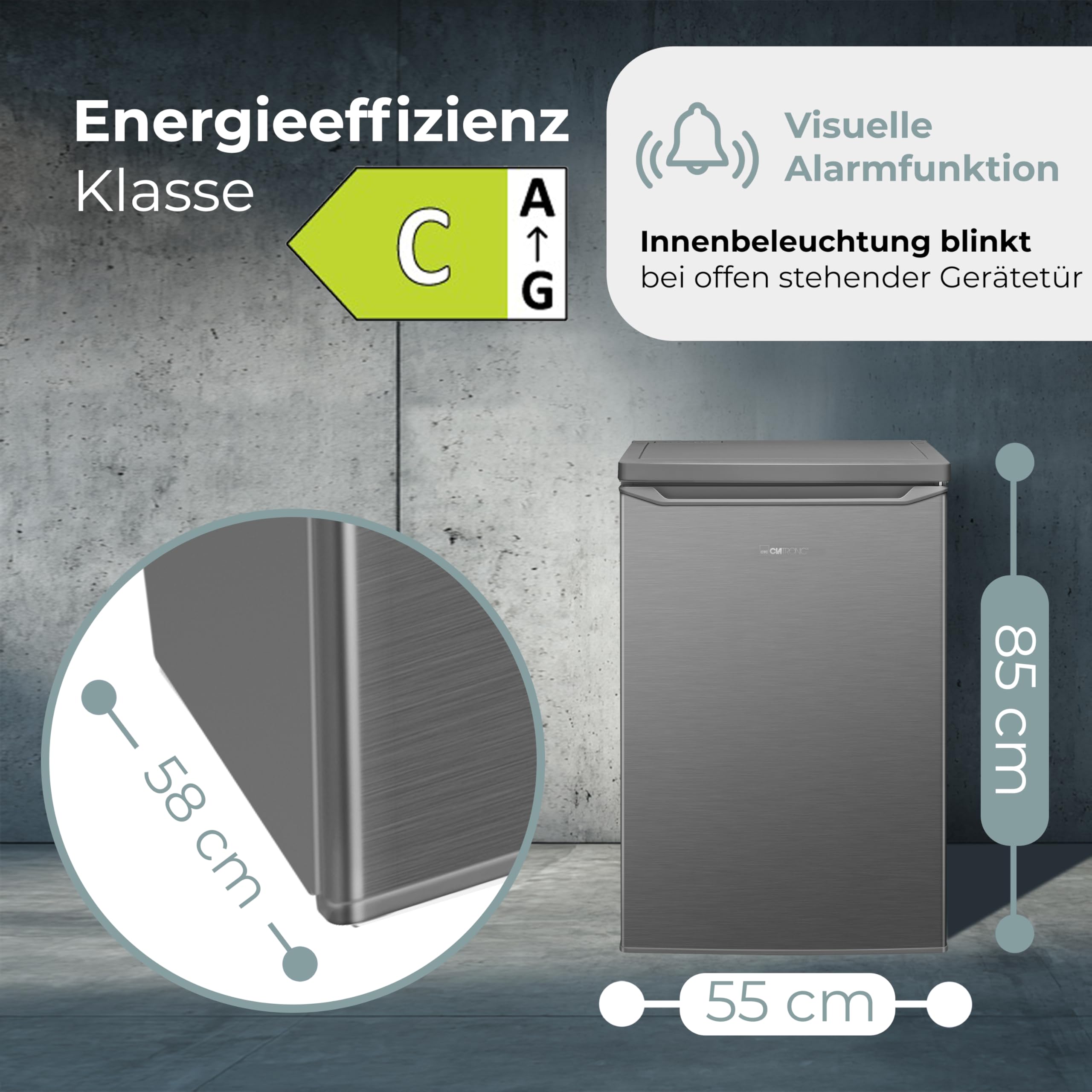 Clatronic Kühlschrank mit Gefrierfach 109L 85cm Energieklasse C leise 37dB KS 101 inox