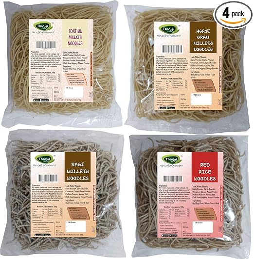 Thanjai Natural Preservative Free Millet Noodles 180 Grams X 4 Varities (720 Grams) of Homemade Natural Foxtail | Horsegram | Ragi and Red Rice Millets Noodles( No Preservatives, No Chemicals, No Artificial Extract)