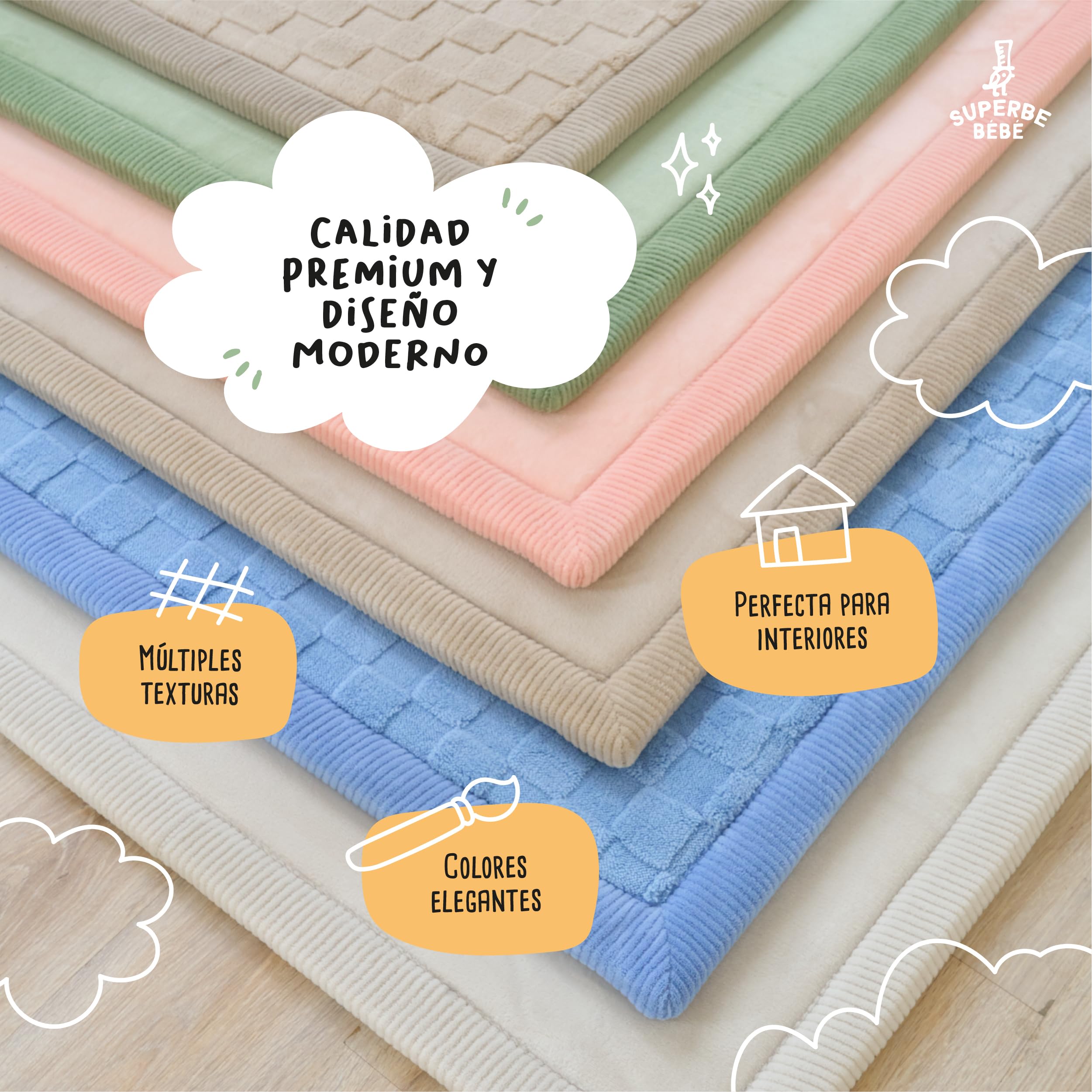 SUPERBE BEBE – Alfombra de Juego y Gateo para Bebé 150 × 200 × 2,5 cm – Gruesa y Antigolpes – Espuma Memory No Tóxica con Certificación Oeko-Tex – Alfombra para Habitación de Niños – Diseño Elegante