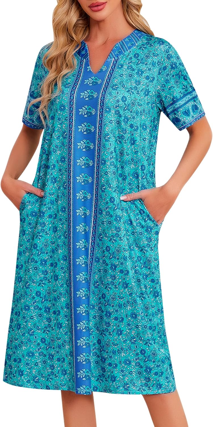 Moo Moos Nightgown for Women with Pockets Casual Floral Print House Dress Short Sleeve Mumu Lounge Dresses S-3XL
