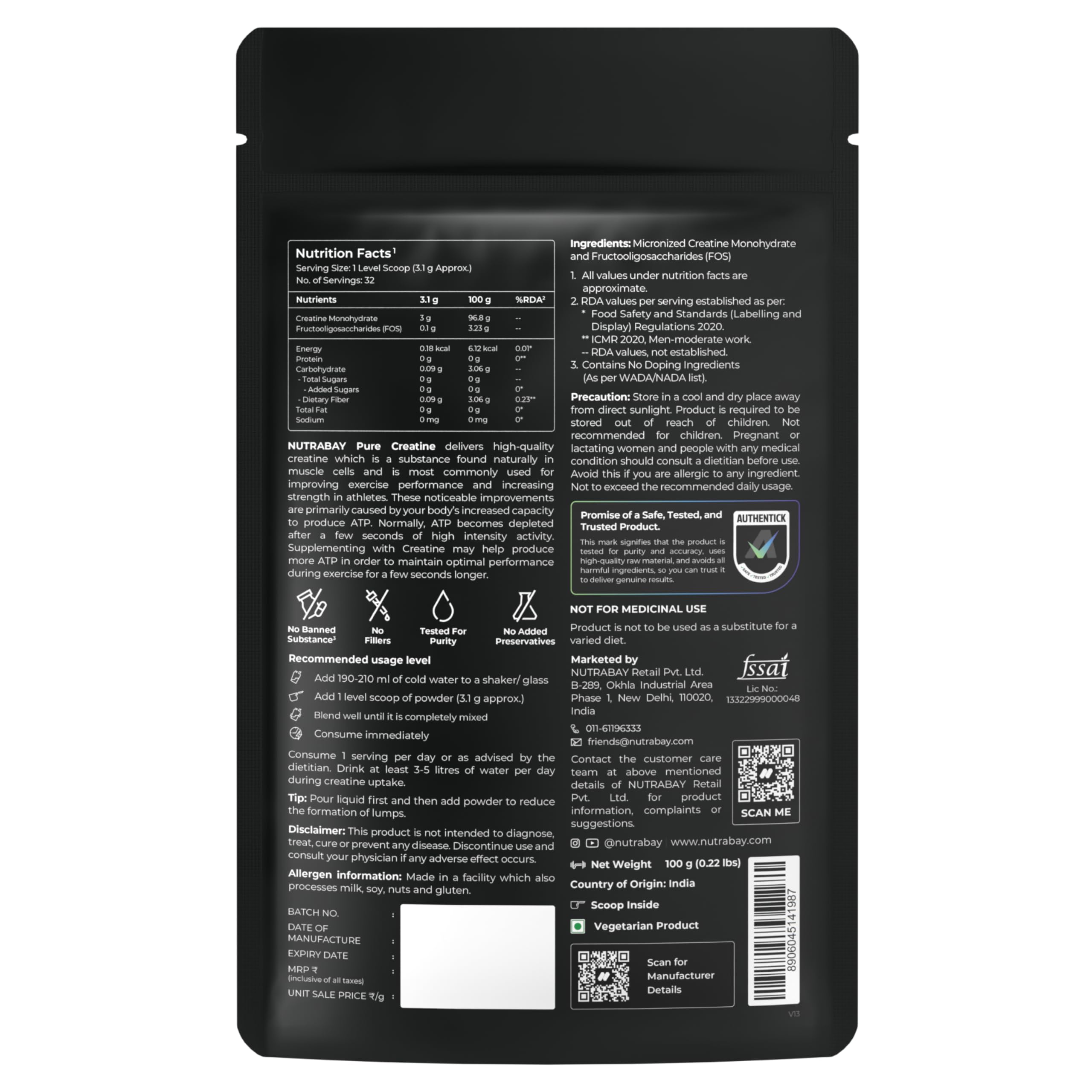 Nutrabay Pure Micronized Creatine Monohydrate Powder - 100g, 32 Servings, Unflavoured | Trustified Certified | DCD & DHT Tested | Quick Absorption | Superior Muscle Strength and Recovery — Amazon image 9