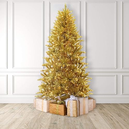 Martha Stewart Gold Tinsel Pre-Lit Artificial Christmas Tree, 7 Feet, Clear White Lights (BTIPI1)