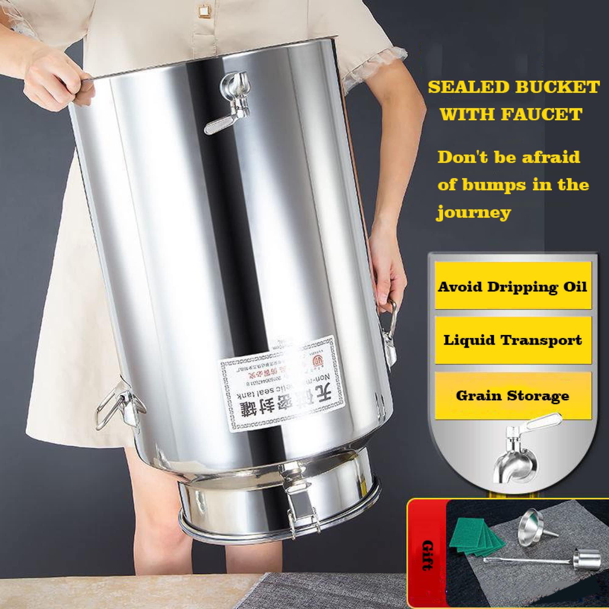 Lata de leche de acero inoxidable 5L/9L/14L Cubo de vino Cubo de mano Jarra Tanque de barril de aceite con tapa sellada y lata de leche con grifo / 14L