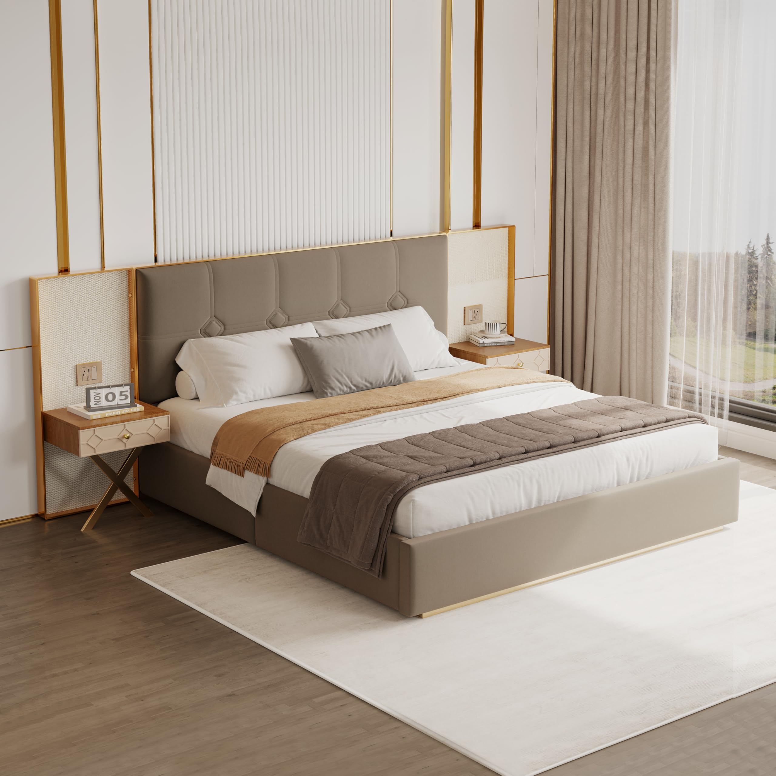 deinppa king size bed frame with nightstands and built-in led lights, velvet luxury platform bed with charging ports and oversized headboard, no box spring needed-coffee (incomplete box 2 of 2 ) 