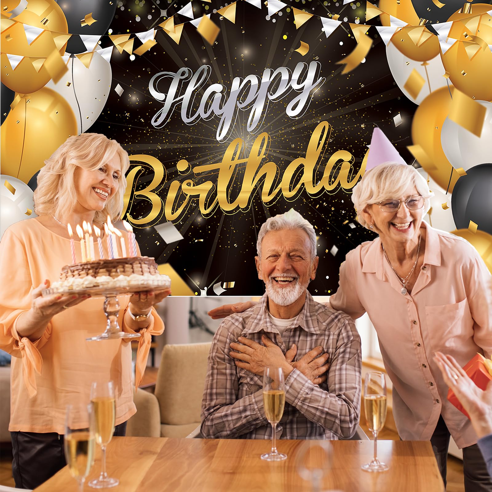 Joyeux Anniversaire - Striscione Per Compleanno 200x110 Cm, Nero E Oro, In Tessuto Poliestere, Con Nastri Per Appendere, Decorazione Per Feste Uomo E Donna